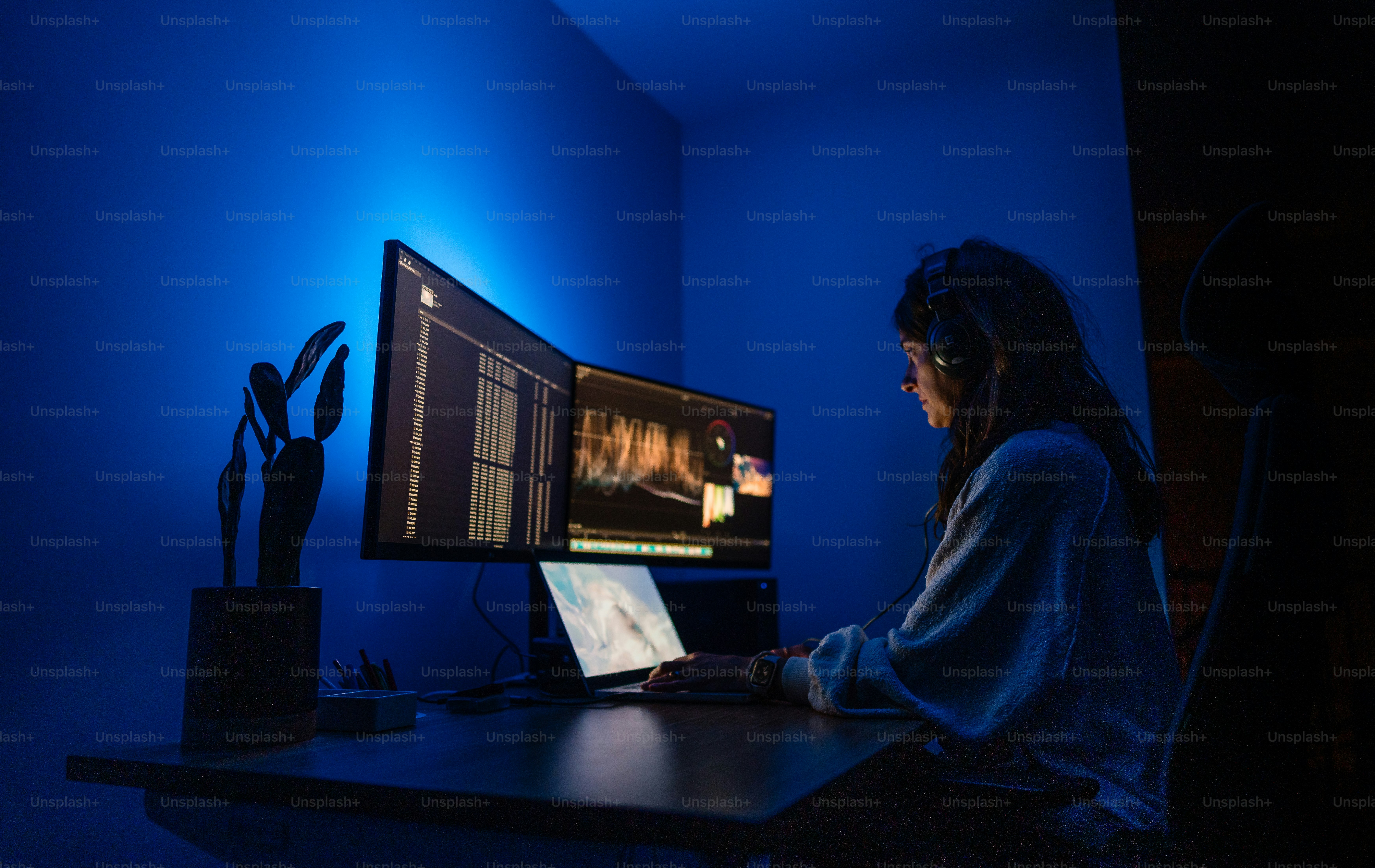 A woman sitting at a desk in front of a computer