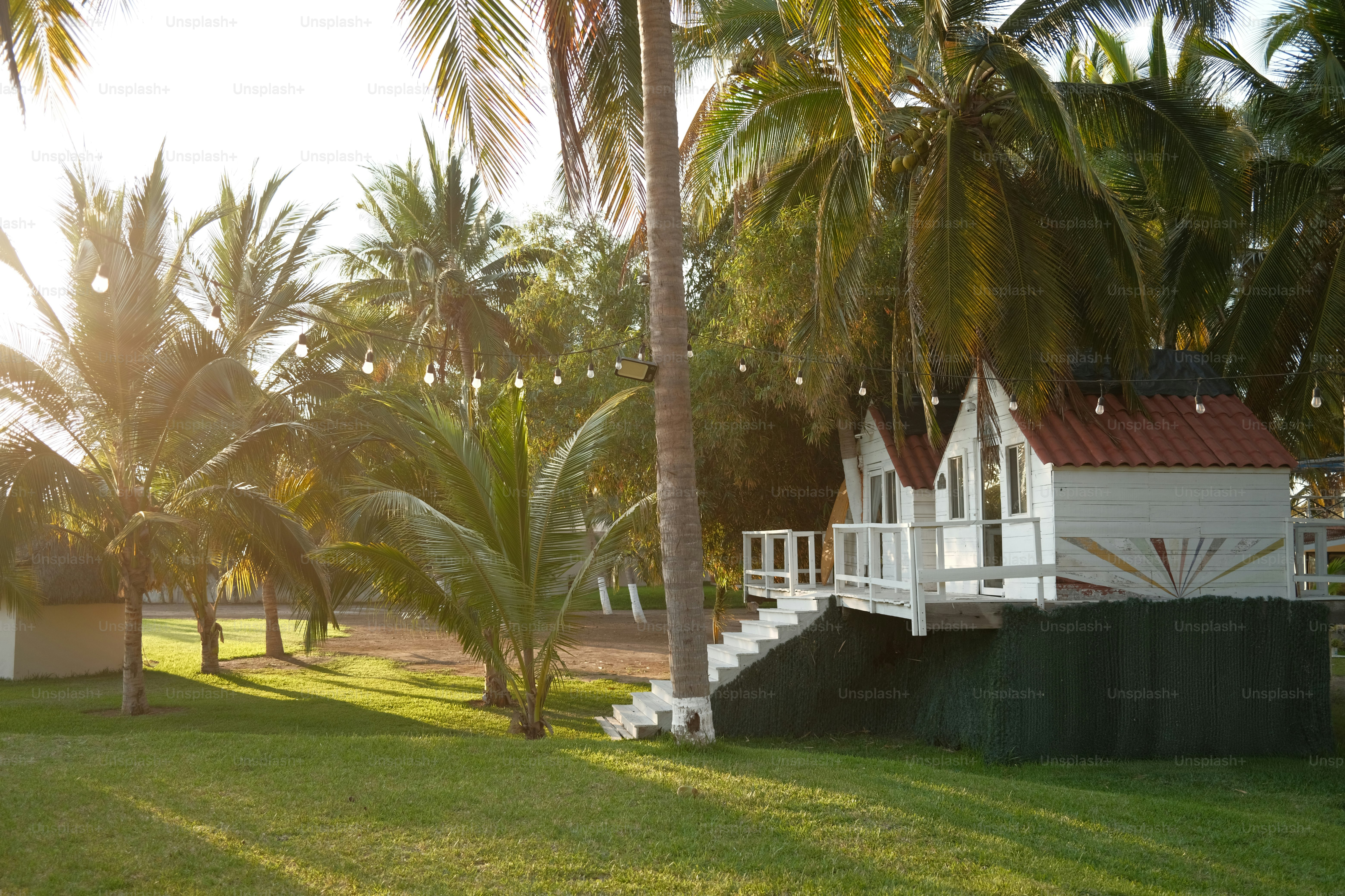 A white house sitting on top of a lush green field