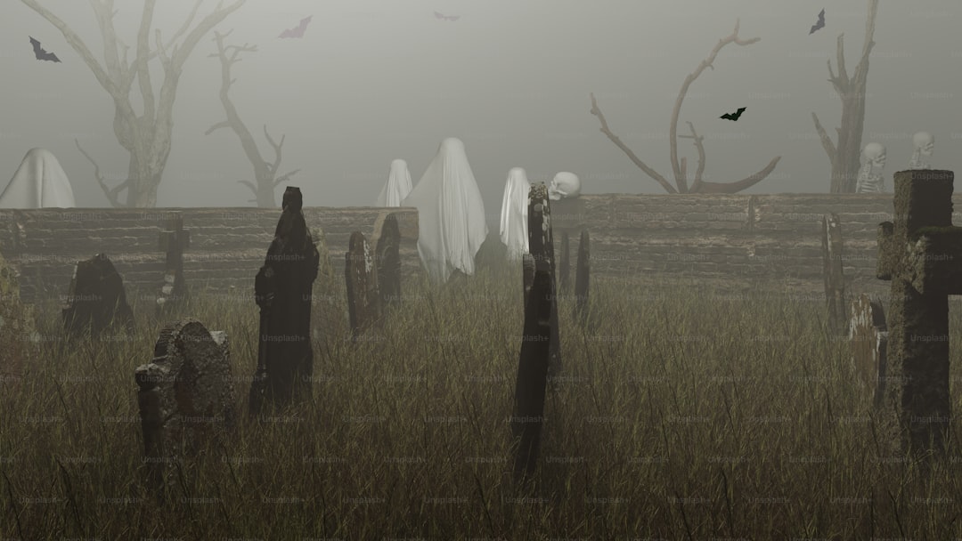 A graveyard with a cemetery in the background