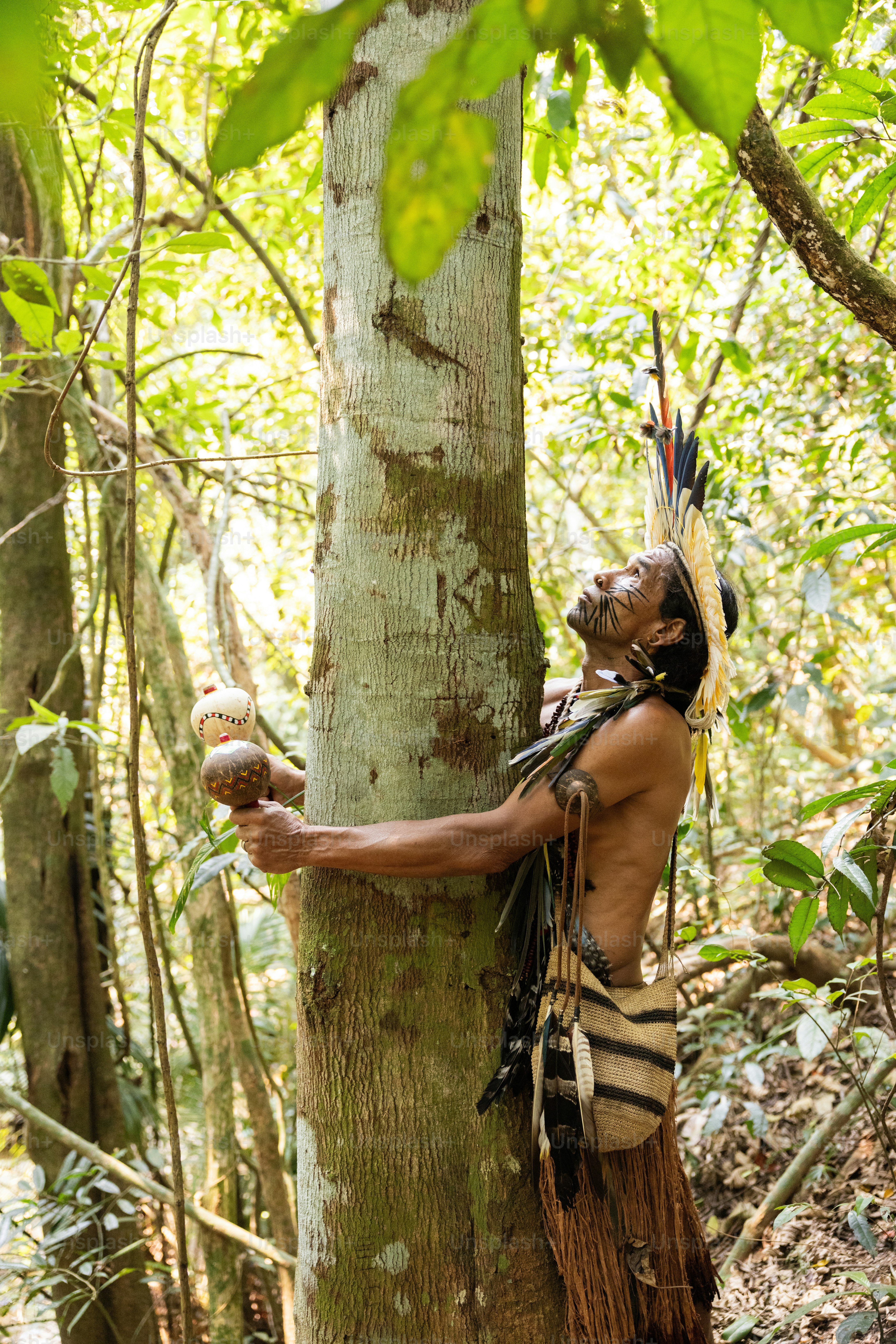 A man in a native american costume standing next to a tree