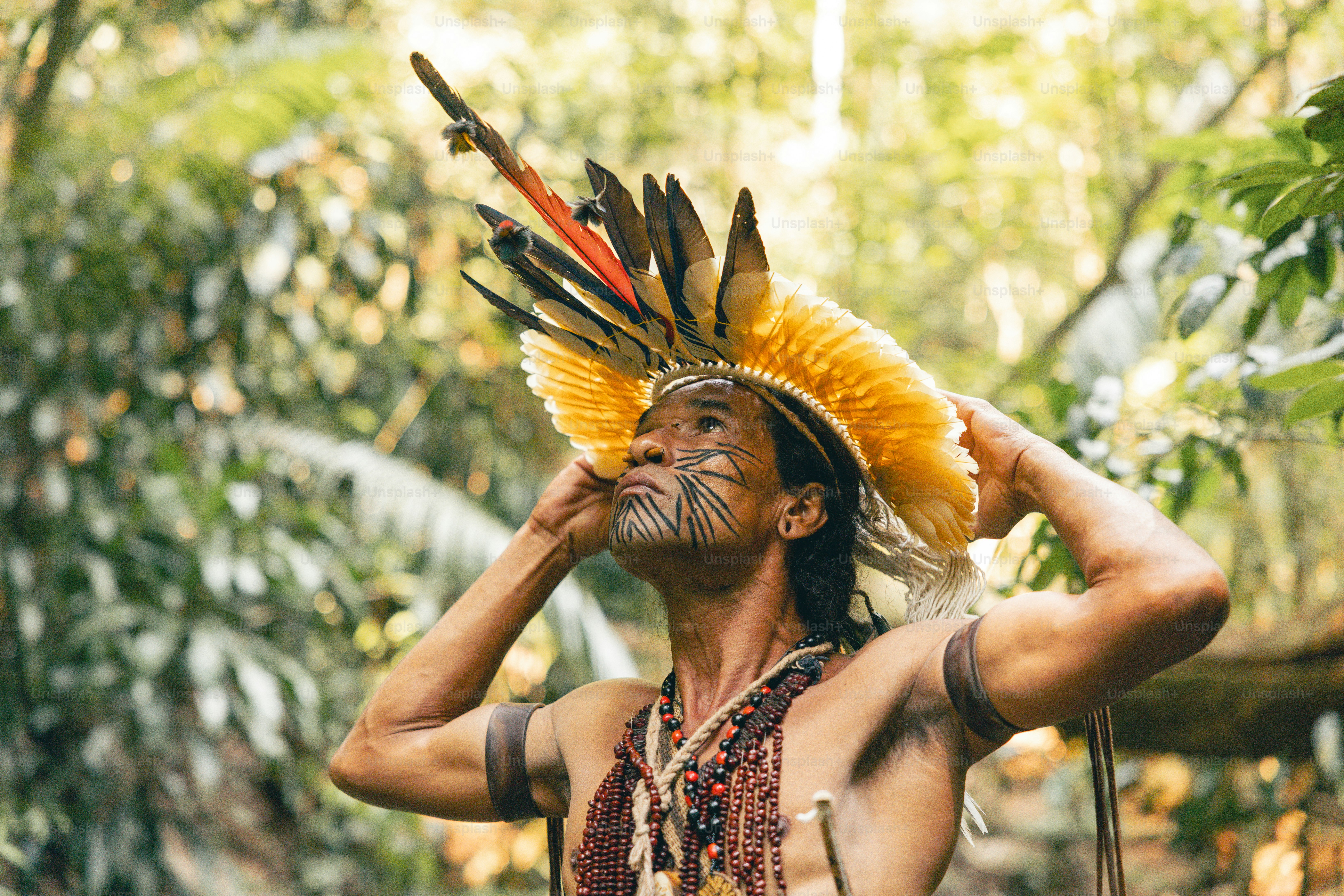 A man wearing a headdress in the woods