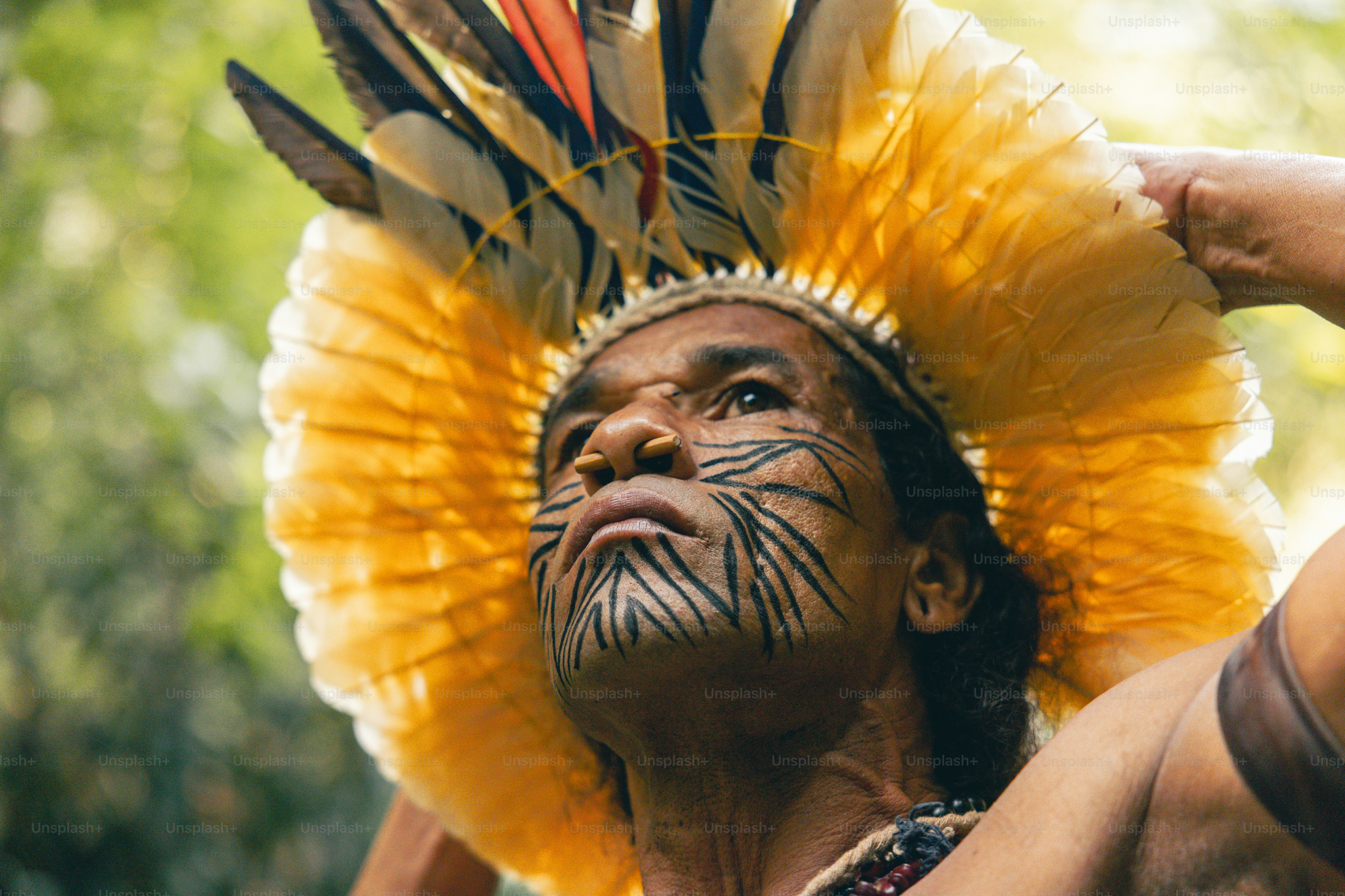 A man wearing a yellow headdress with feathers on his head