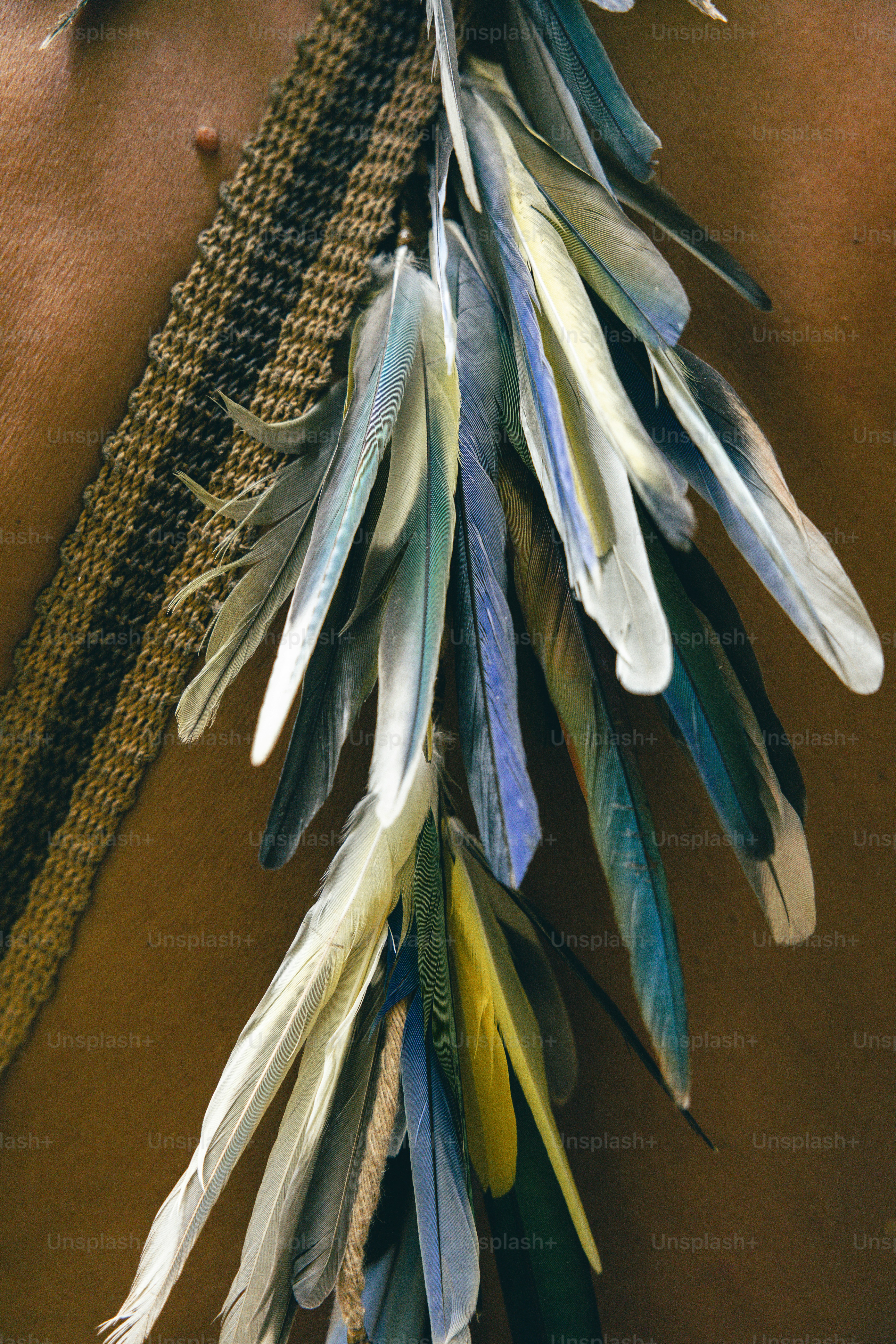 A close up of a person wearing a necklace with feathers on it