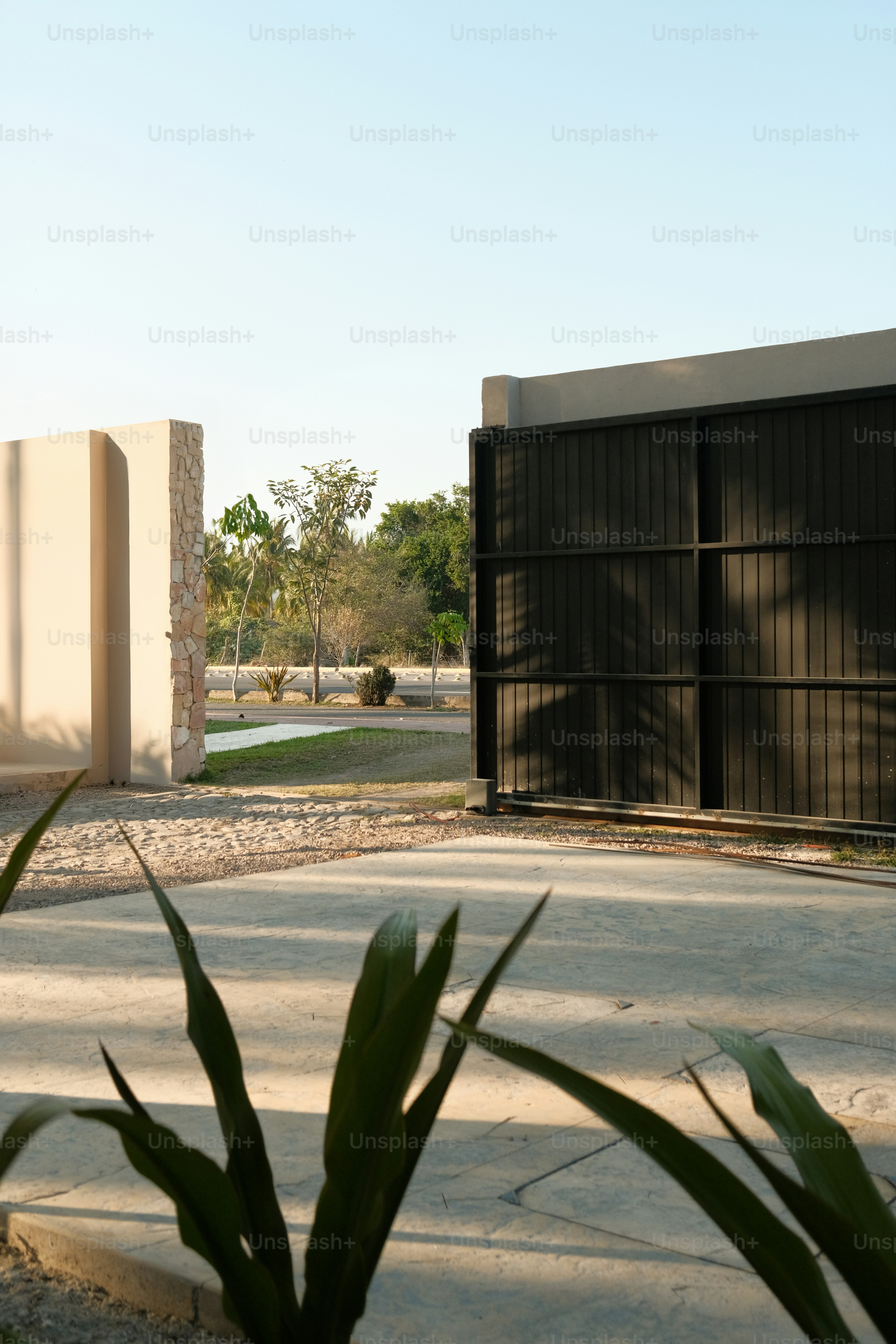 A building with a gate and a plant in front of it