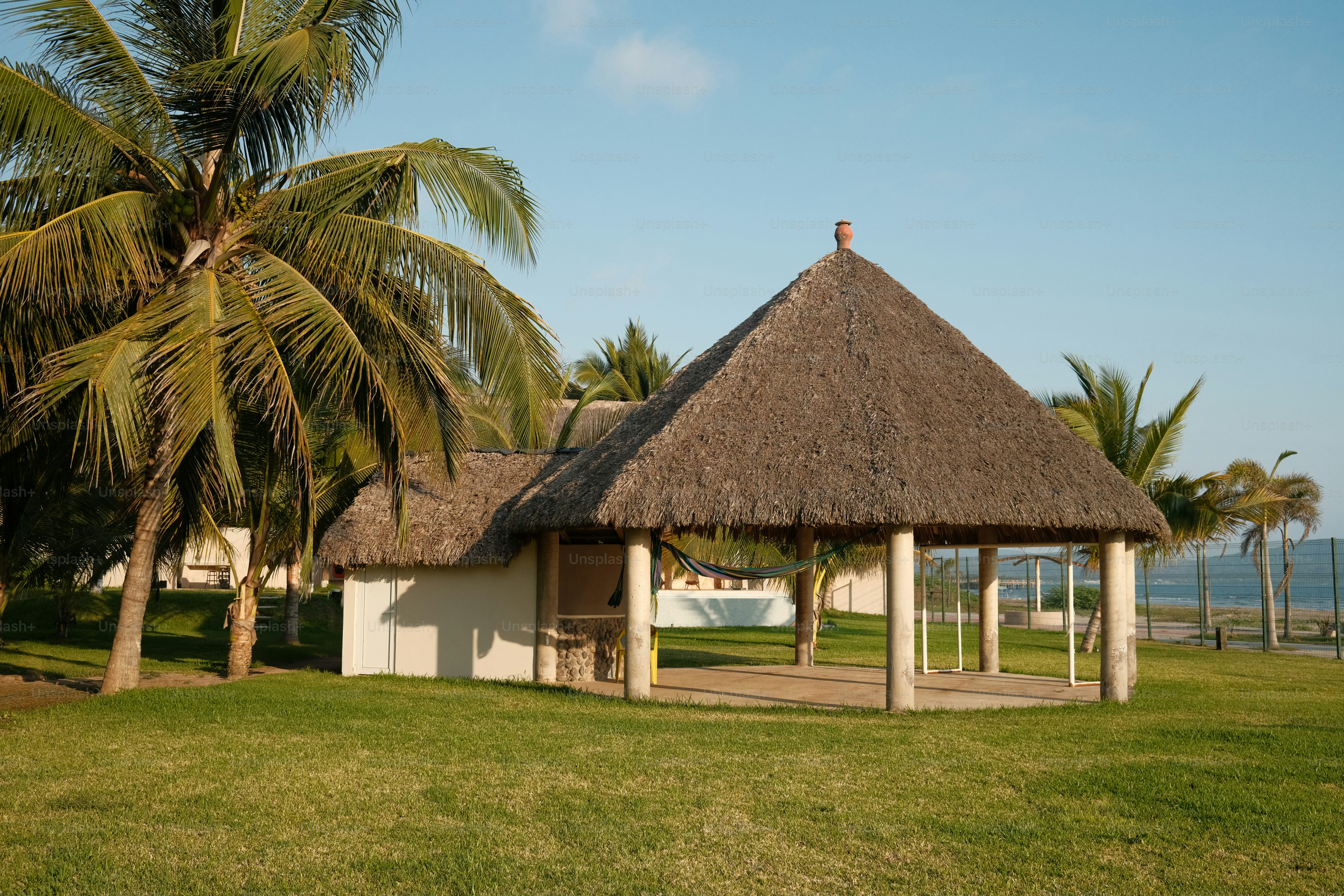 A hut with a thatched roof and palm trees