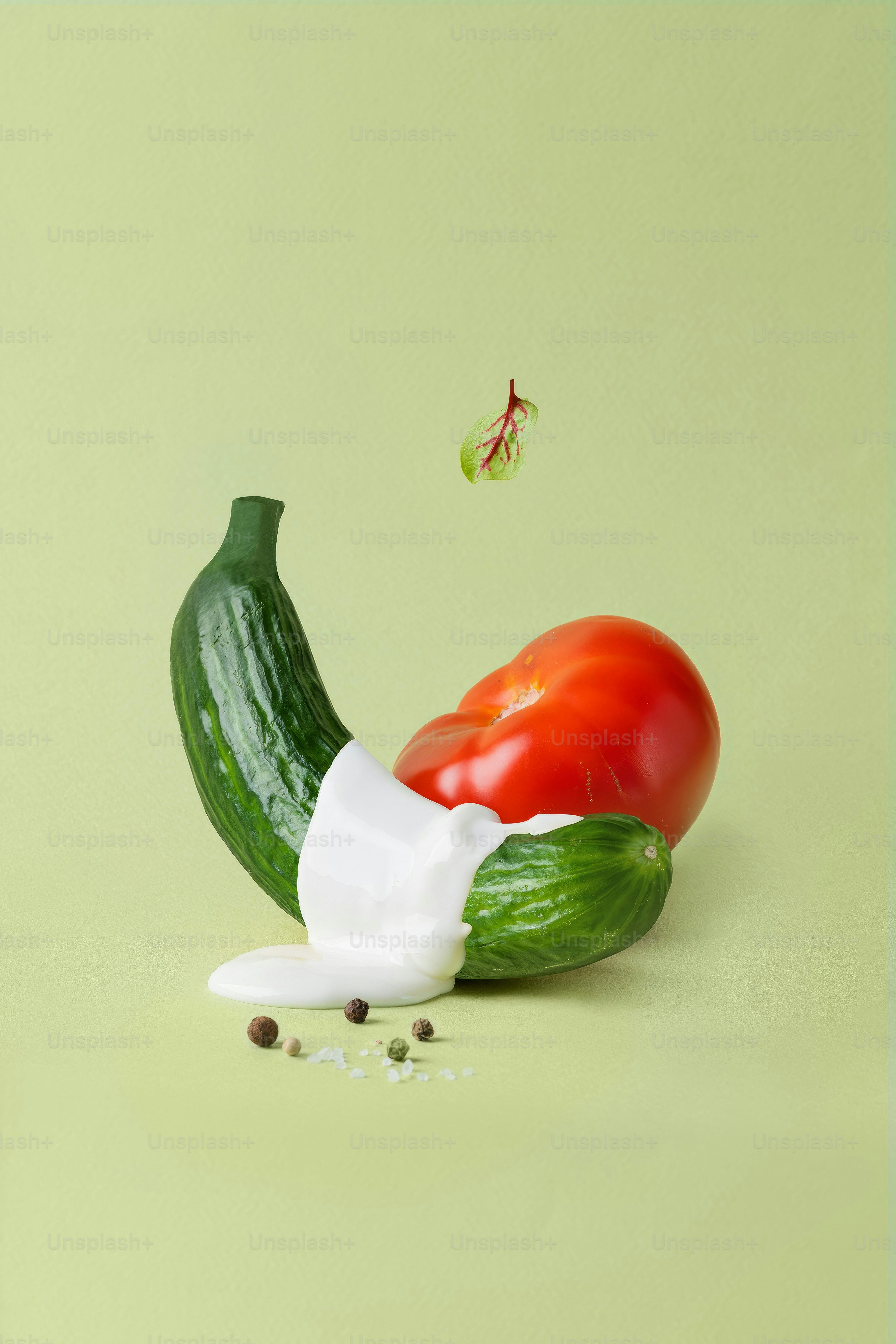 A green pepper, tomato, and cucumber on a green background