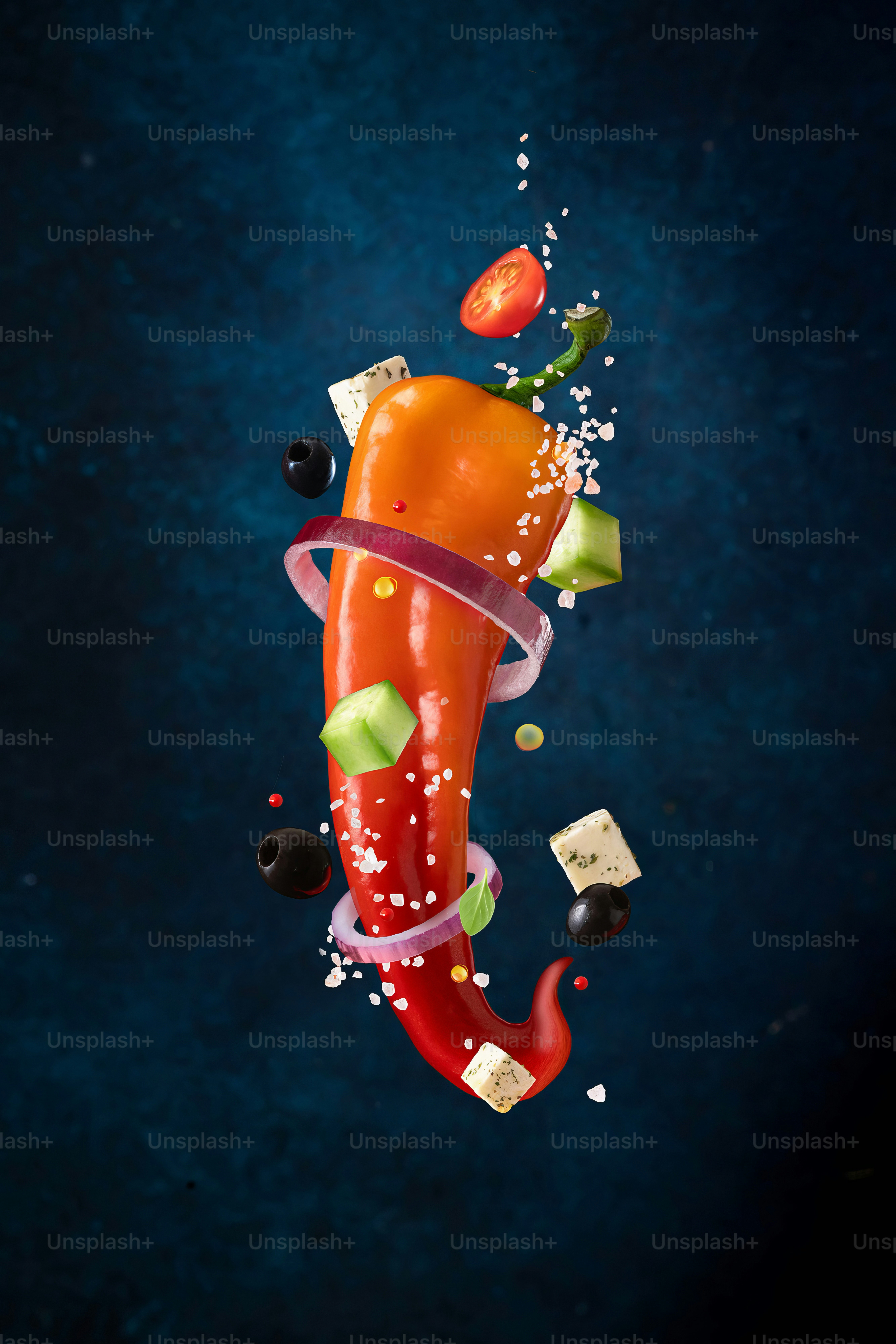 A red pepper falling into the air with other ingredients