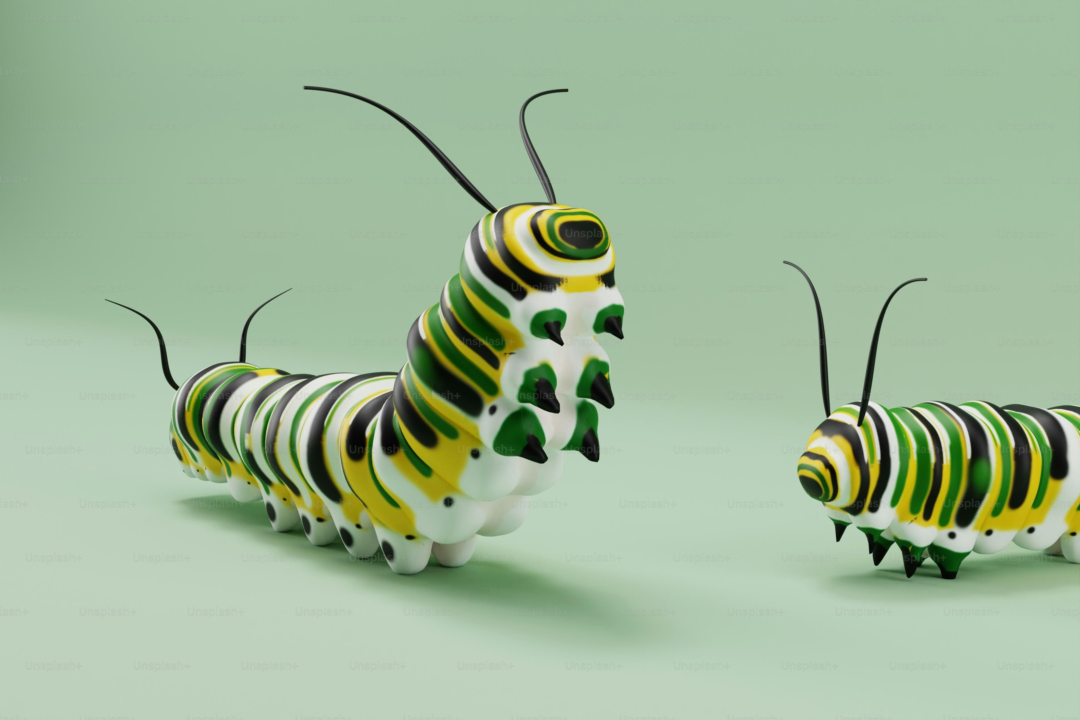 A couple of small caterpillars standing next to each other