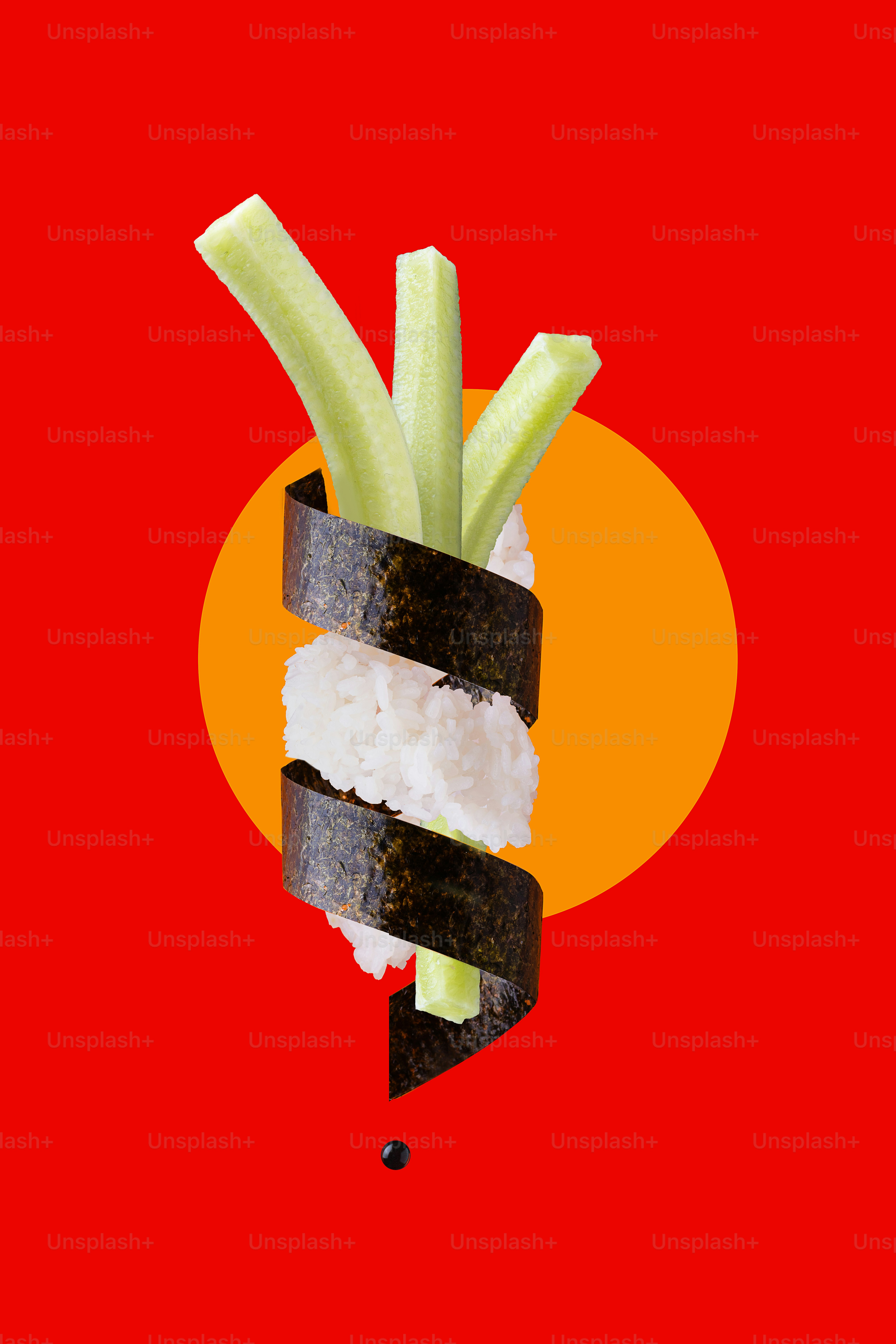 A sushi roll with celery on a red background