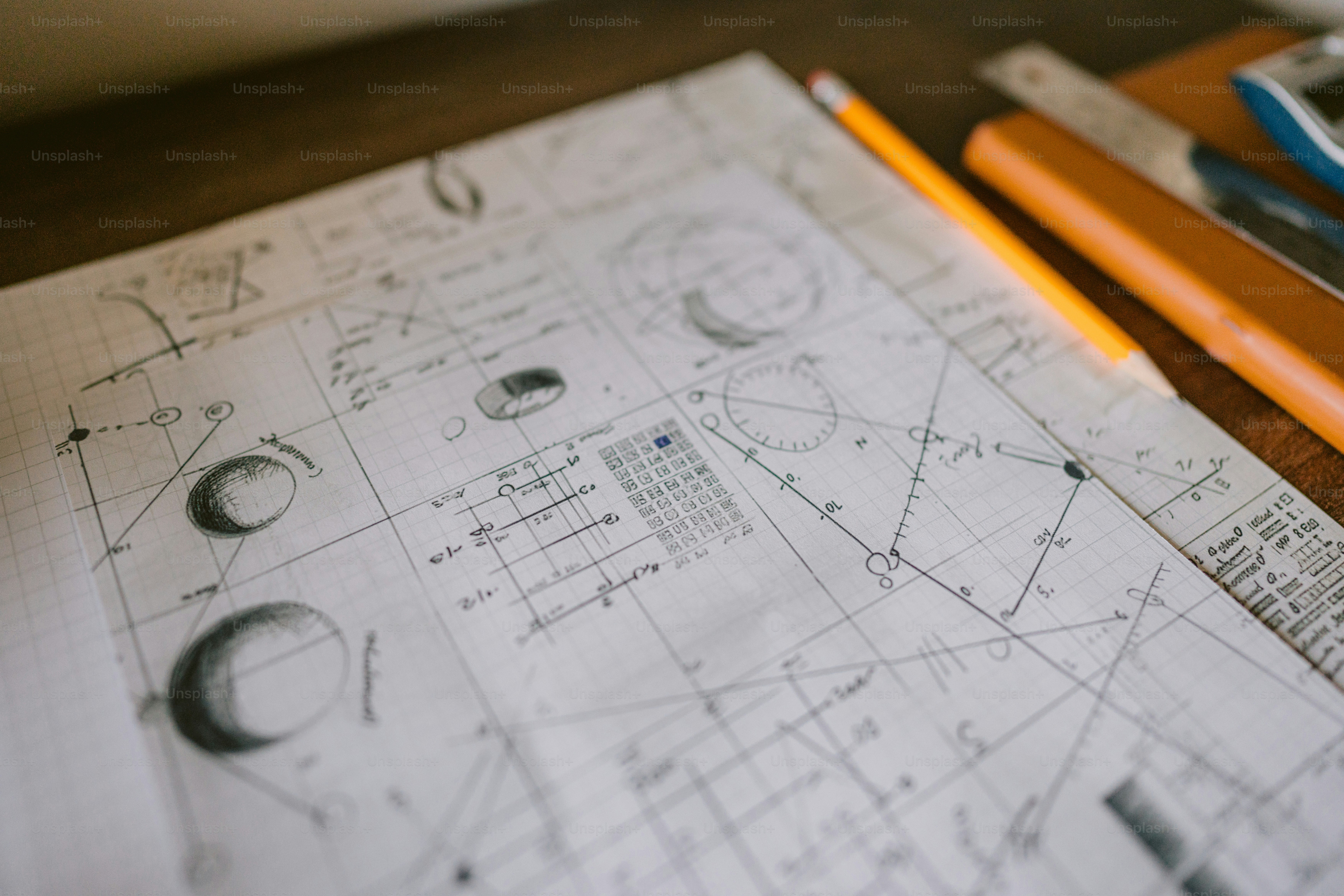 A table with a pencil, ruler, ruler, and other items on it