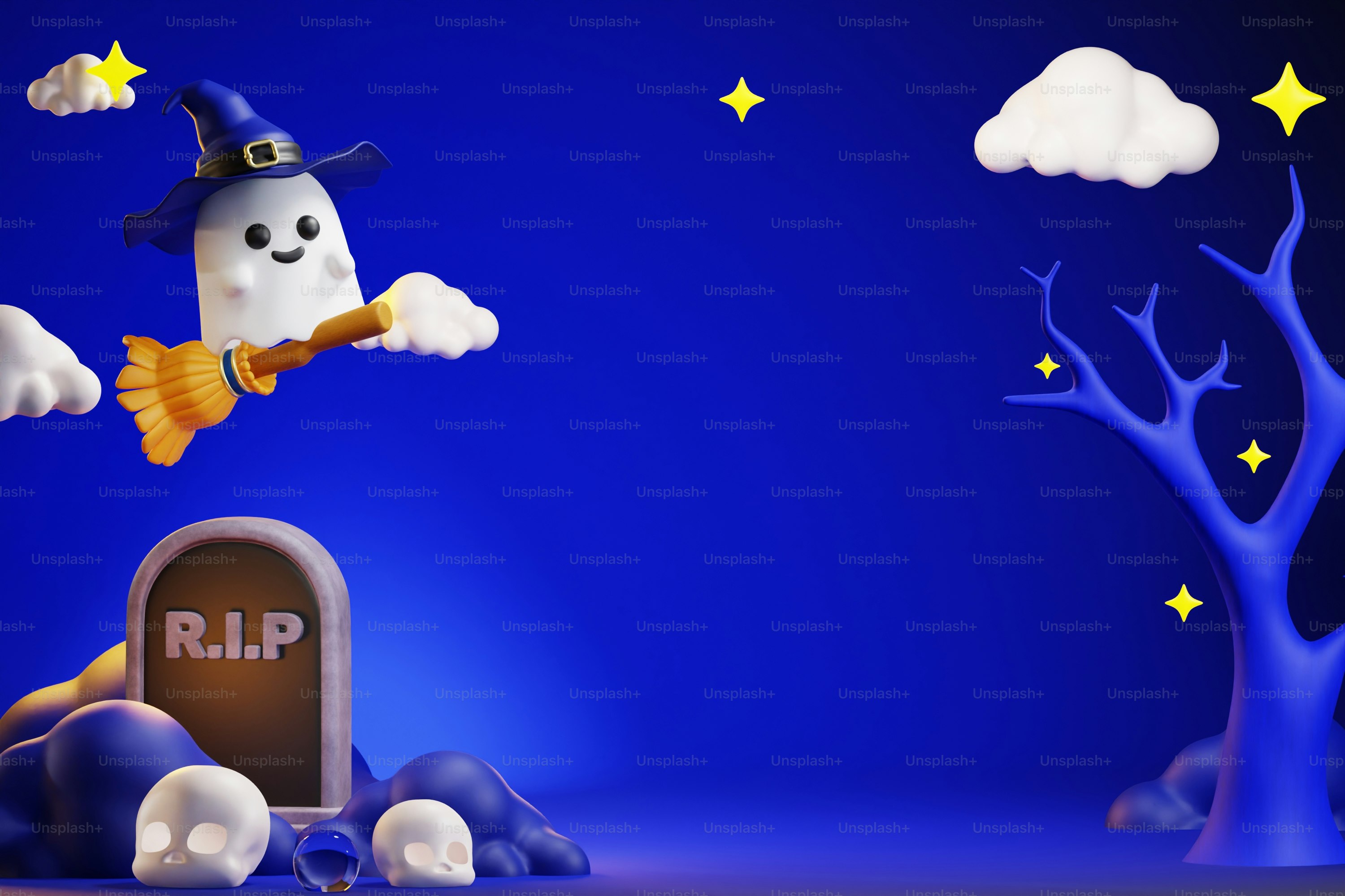 墓石と幽霊がいるハロウィンのシーン