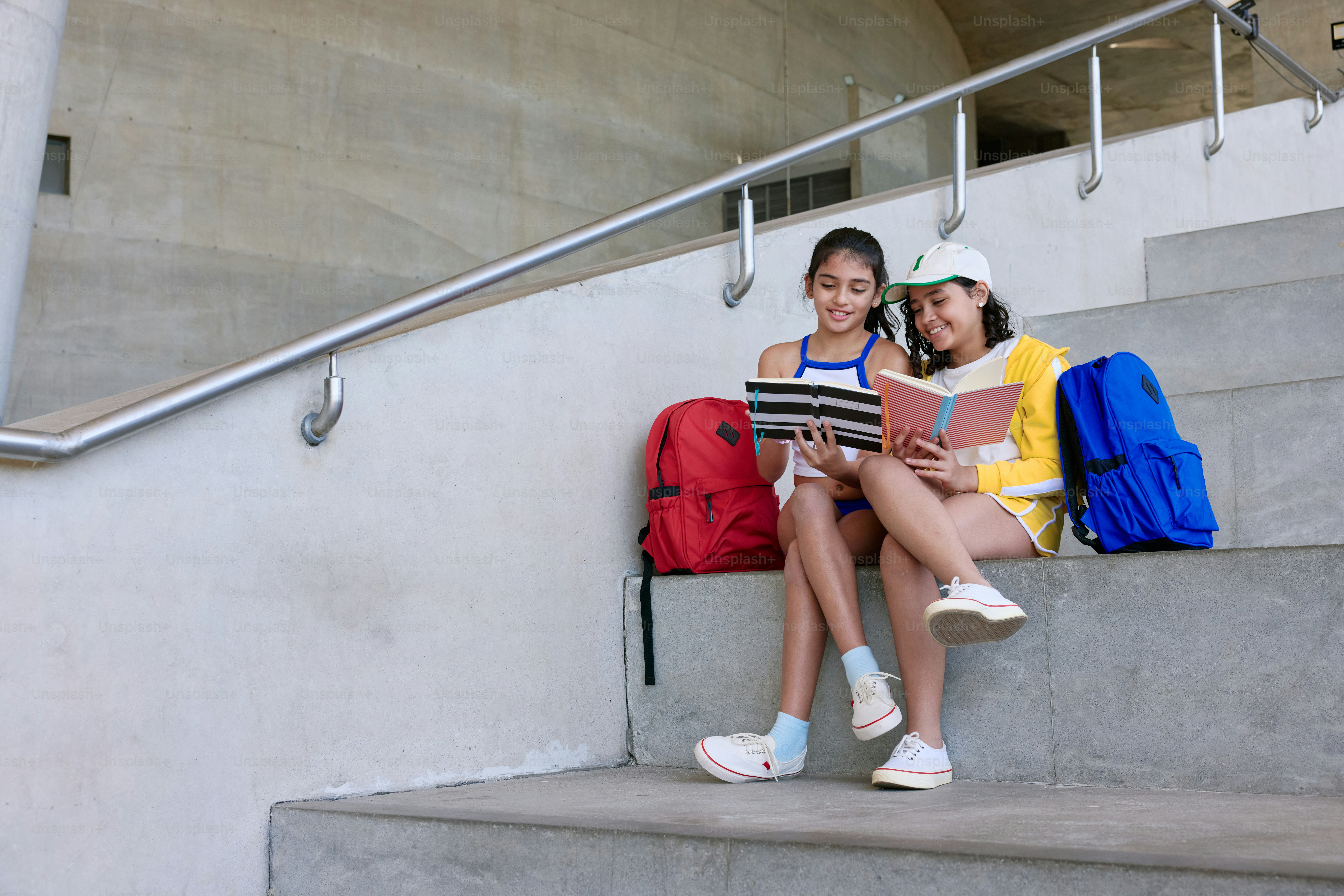 Dos chicas están sentadas en las escaleras leyendo un libro