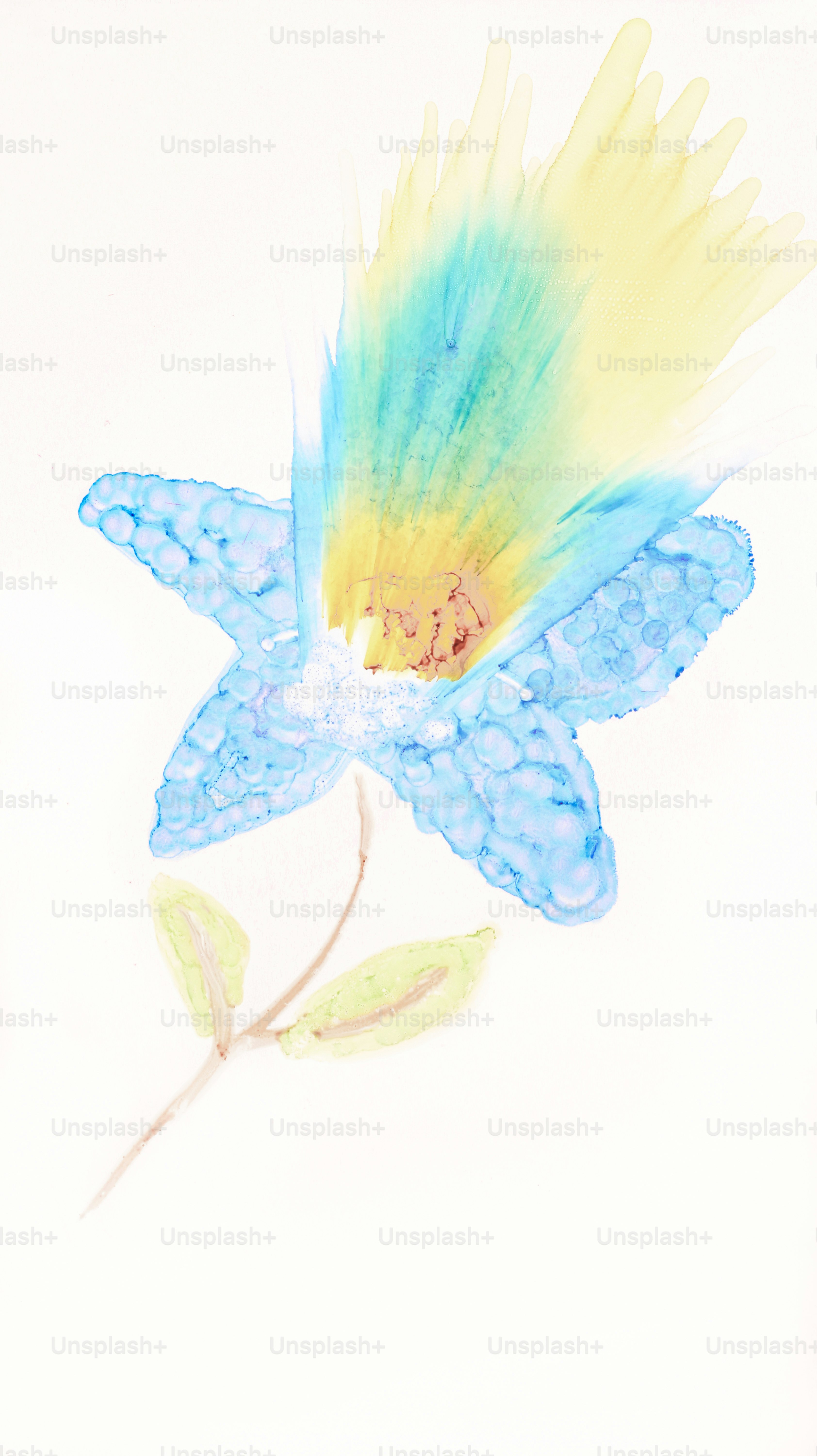 A painting of a flower with blue petals