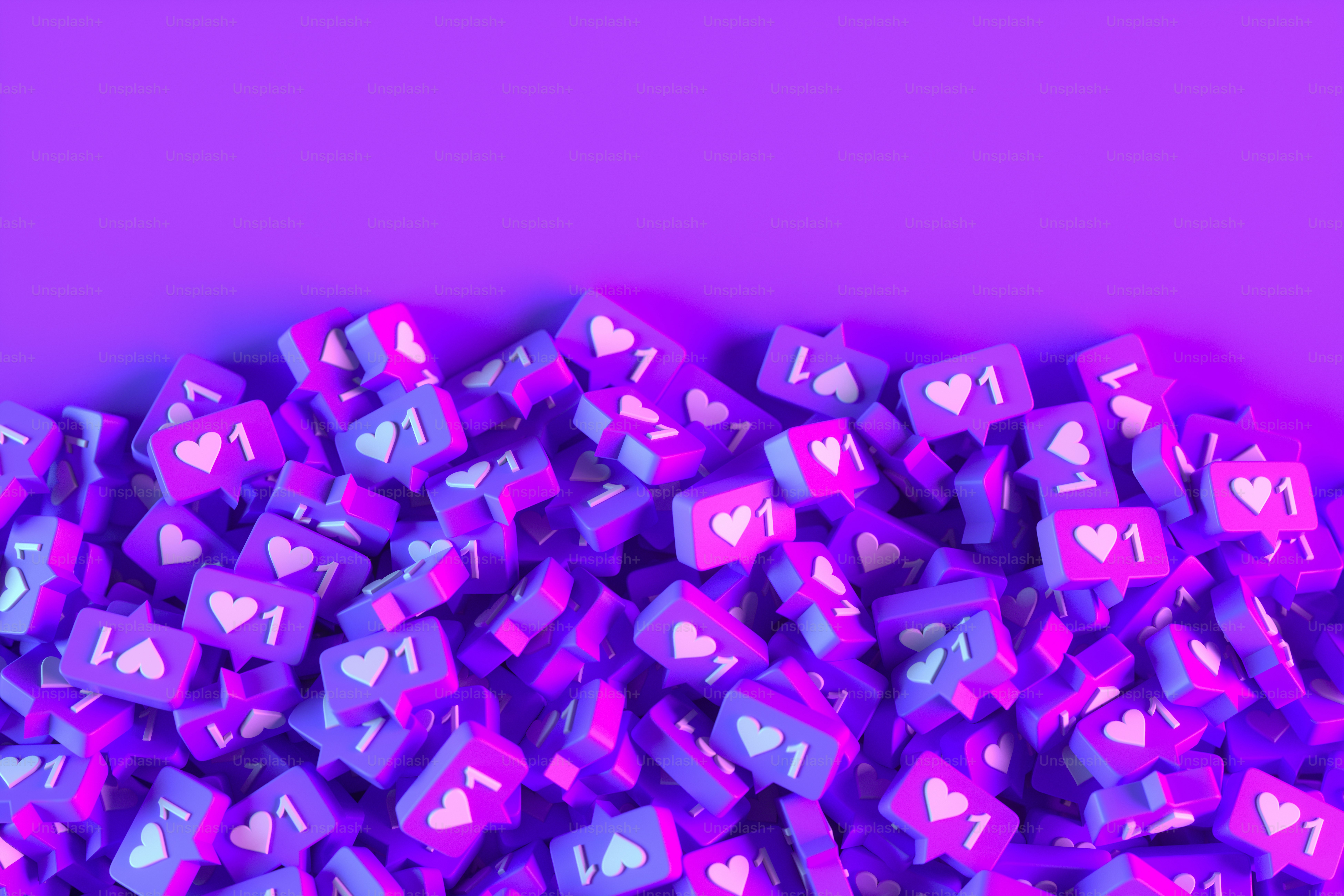 Like icon social media notification on speech Bubble. Stack background. Neon lighting. Purple and pink colors.