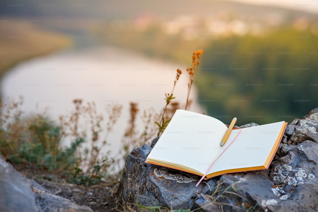 an open empty book with a fountain pen outdoors, the background is a blurred river and forest. a writer in search of ins
