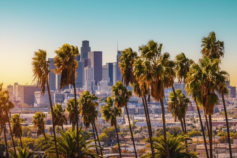 Los Angeles skyline with downtown buildings against clear sky