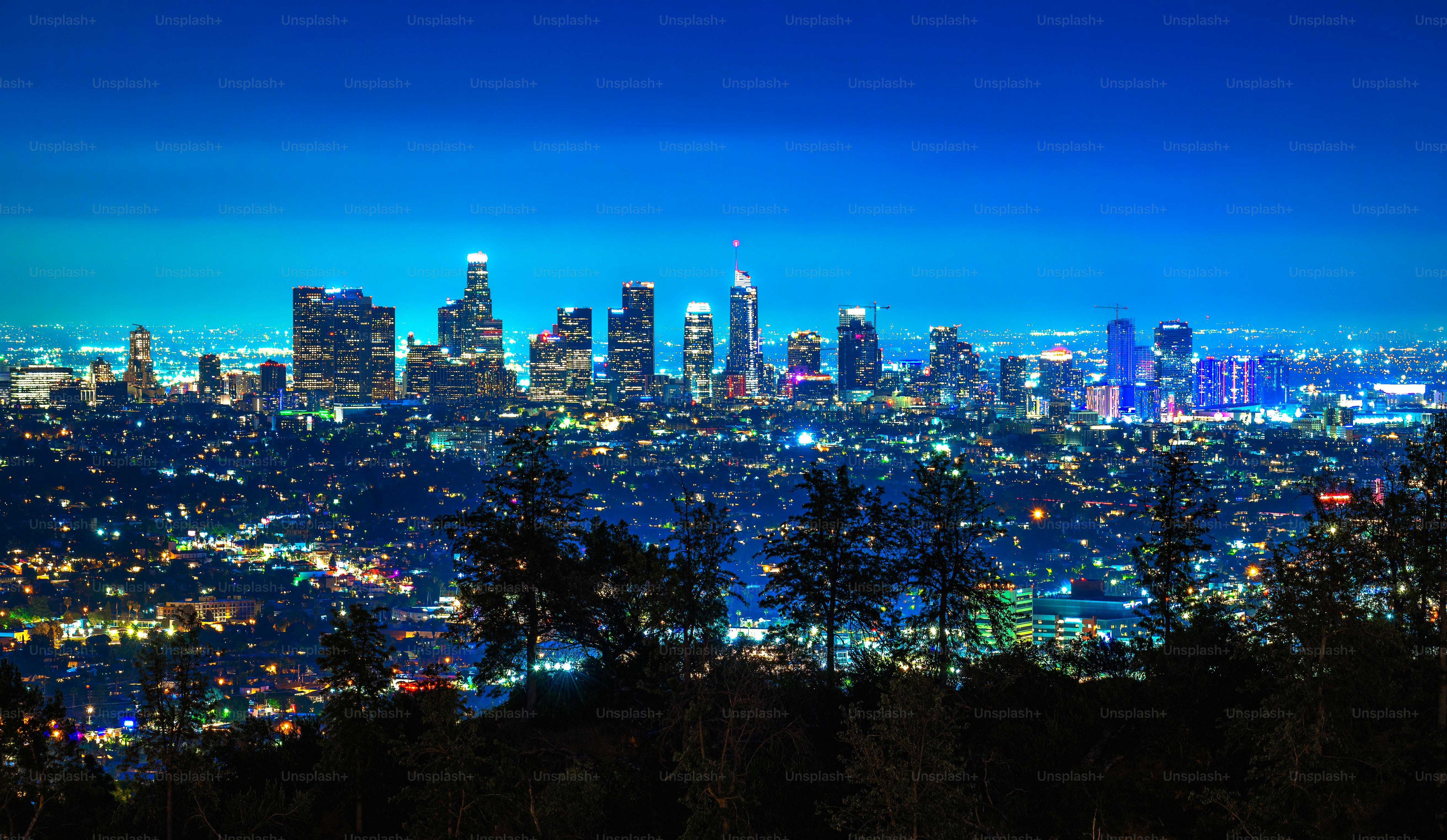 Los Angeles skyline photographed from Griffith Park at night.