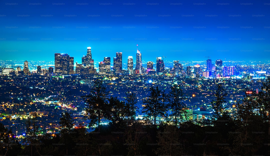 Los Angeles skyline photographed from Griffith Park at night.