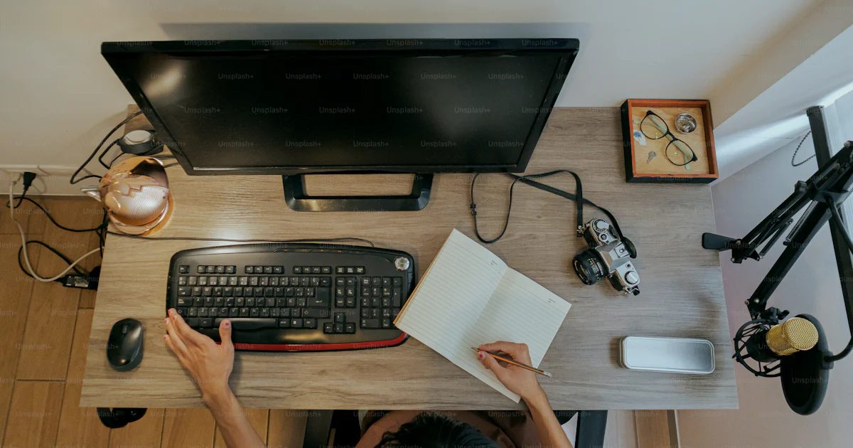 A person sitting at a desk with a computer and a book photo – Student ...