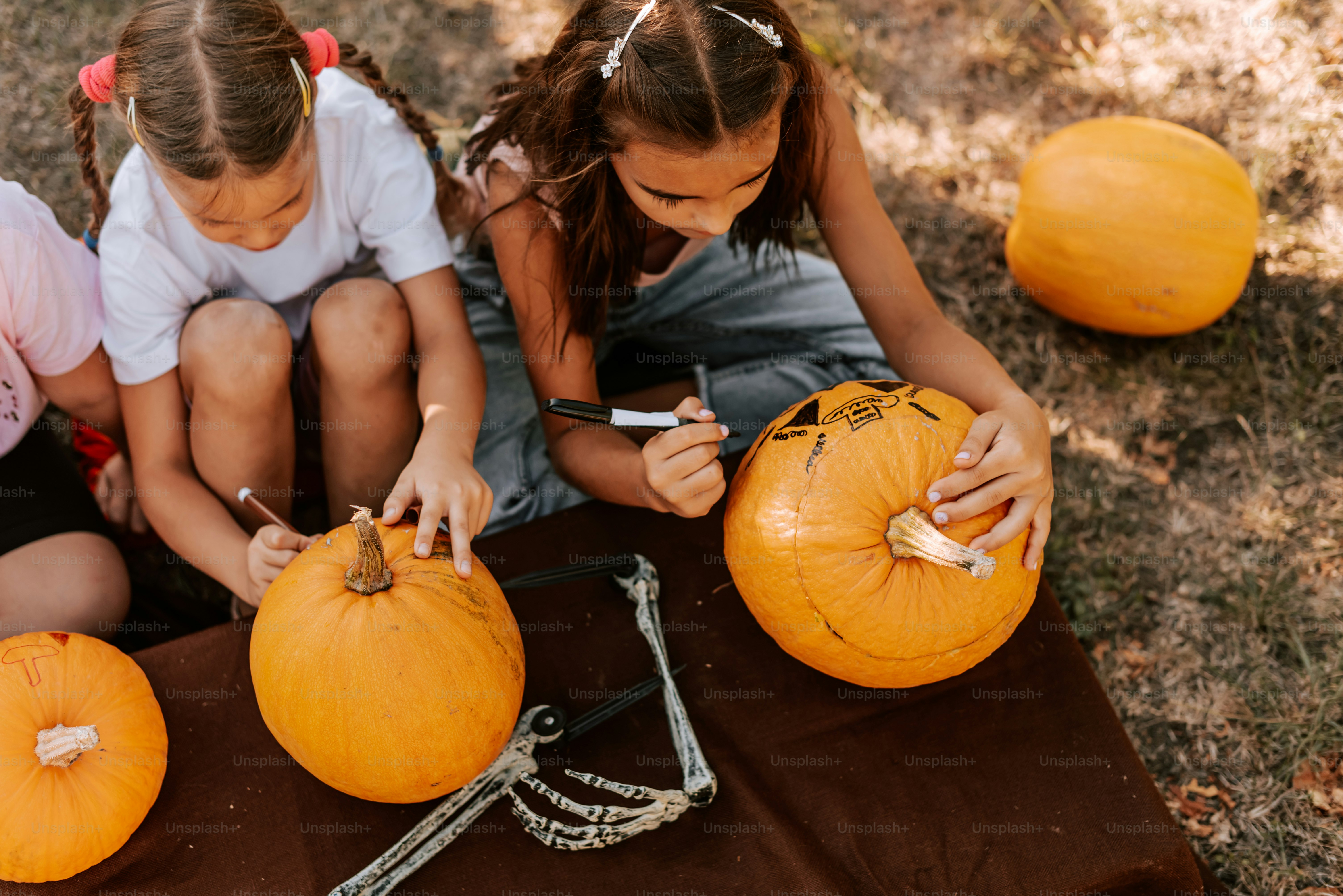A group of girls sitting on the ground carving pumpkins