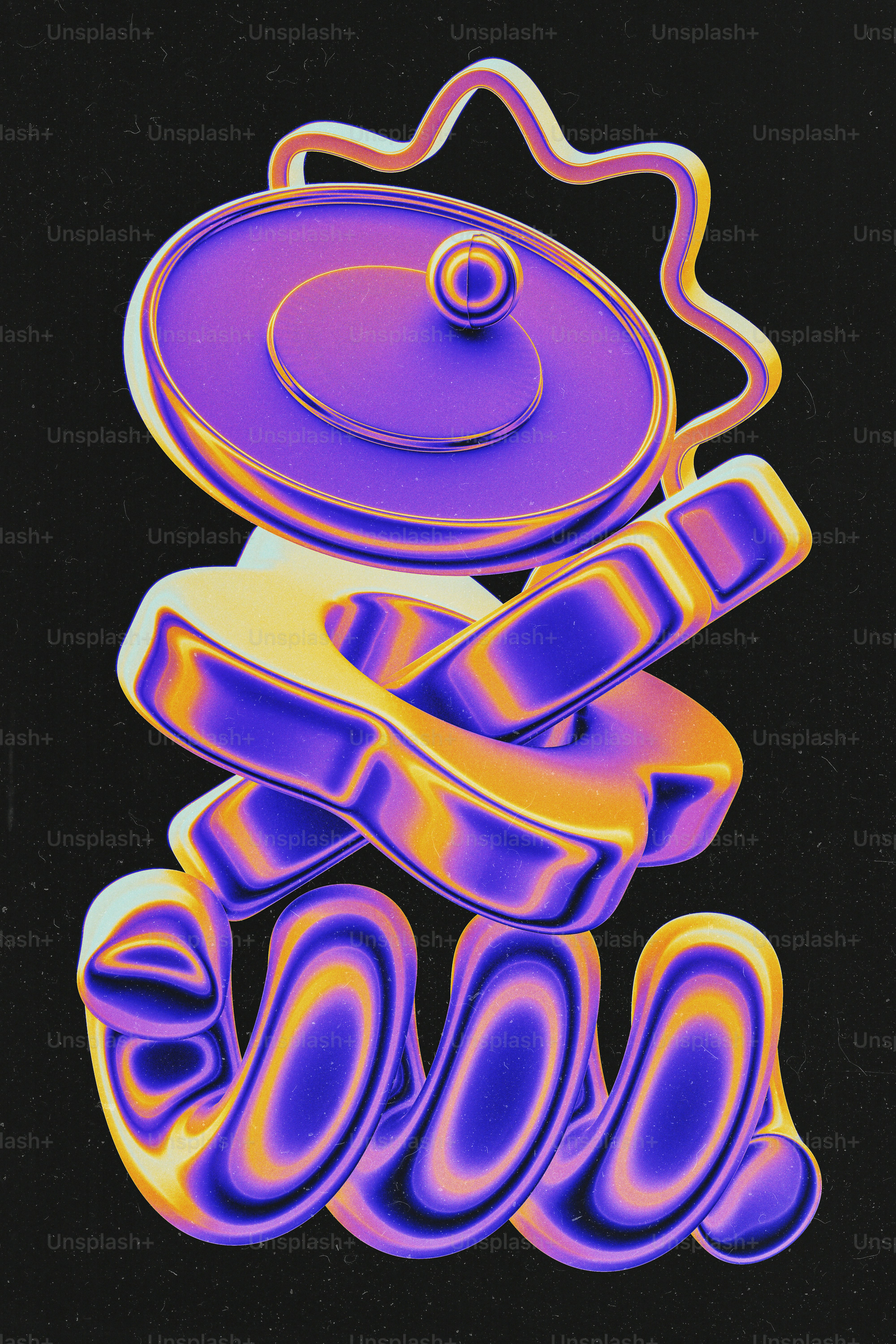 A painting of a pot and pan on a black background