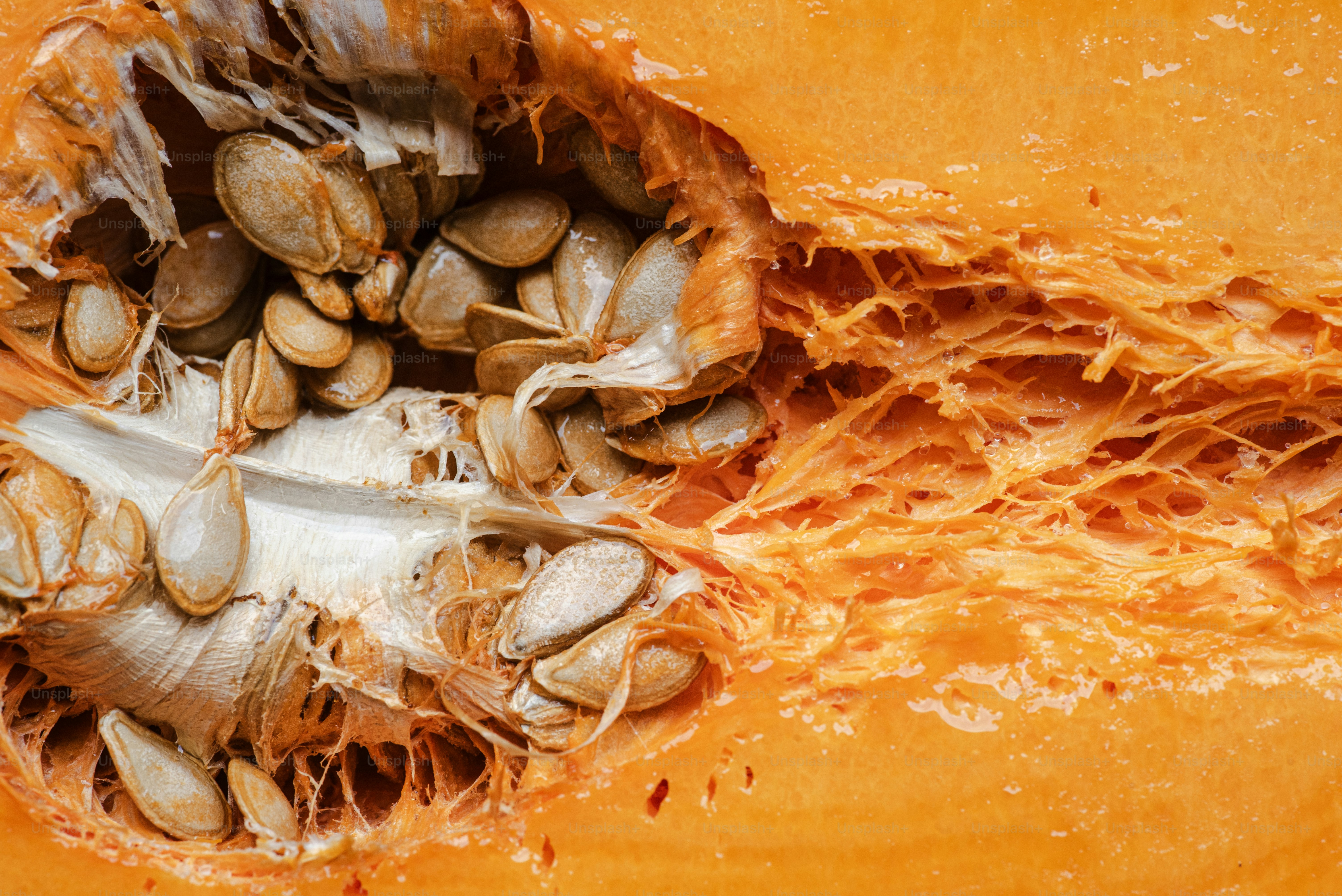 Um close up de uma abóbora com sementes dentro dela