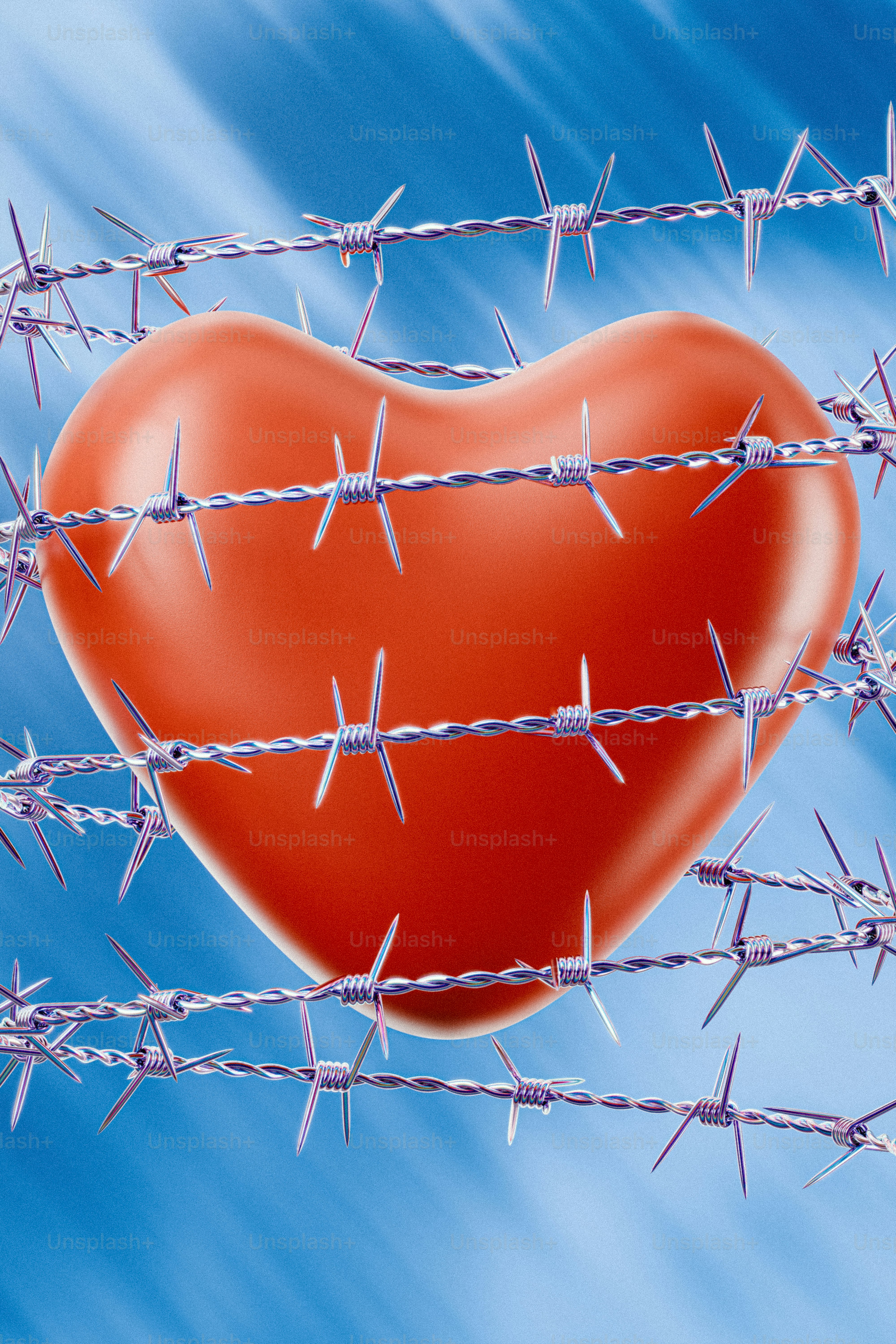A red heart sitting on top of a barbed wire fence