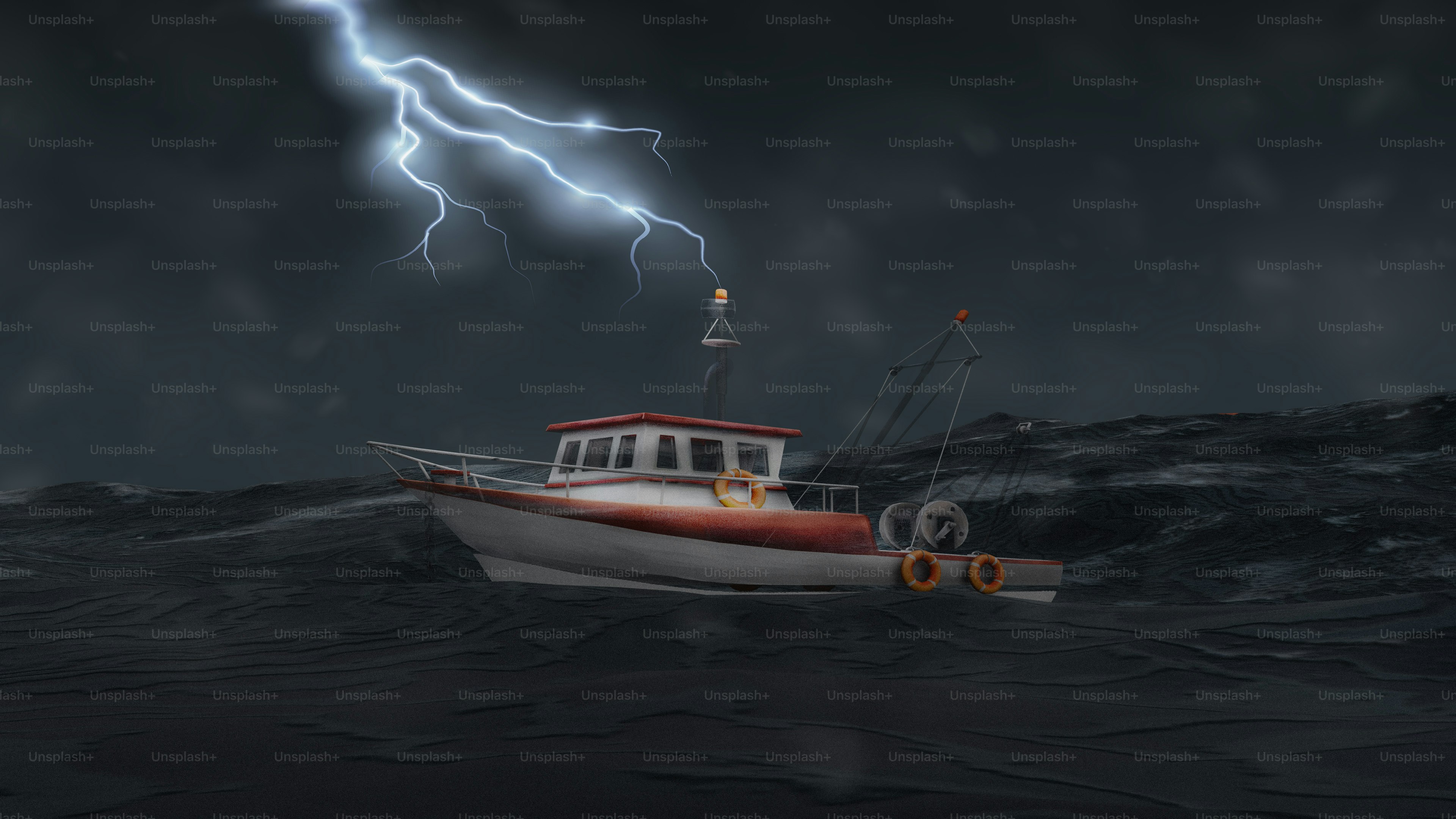 A boat in a body of water under a lightning