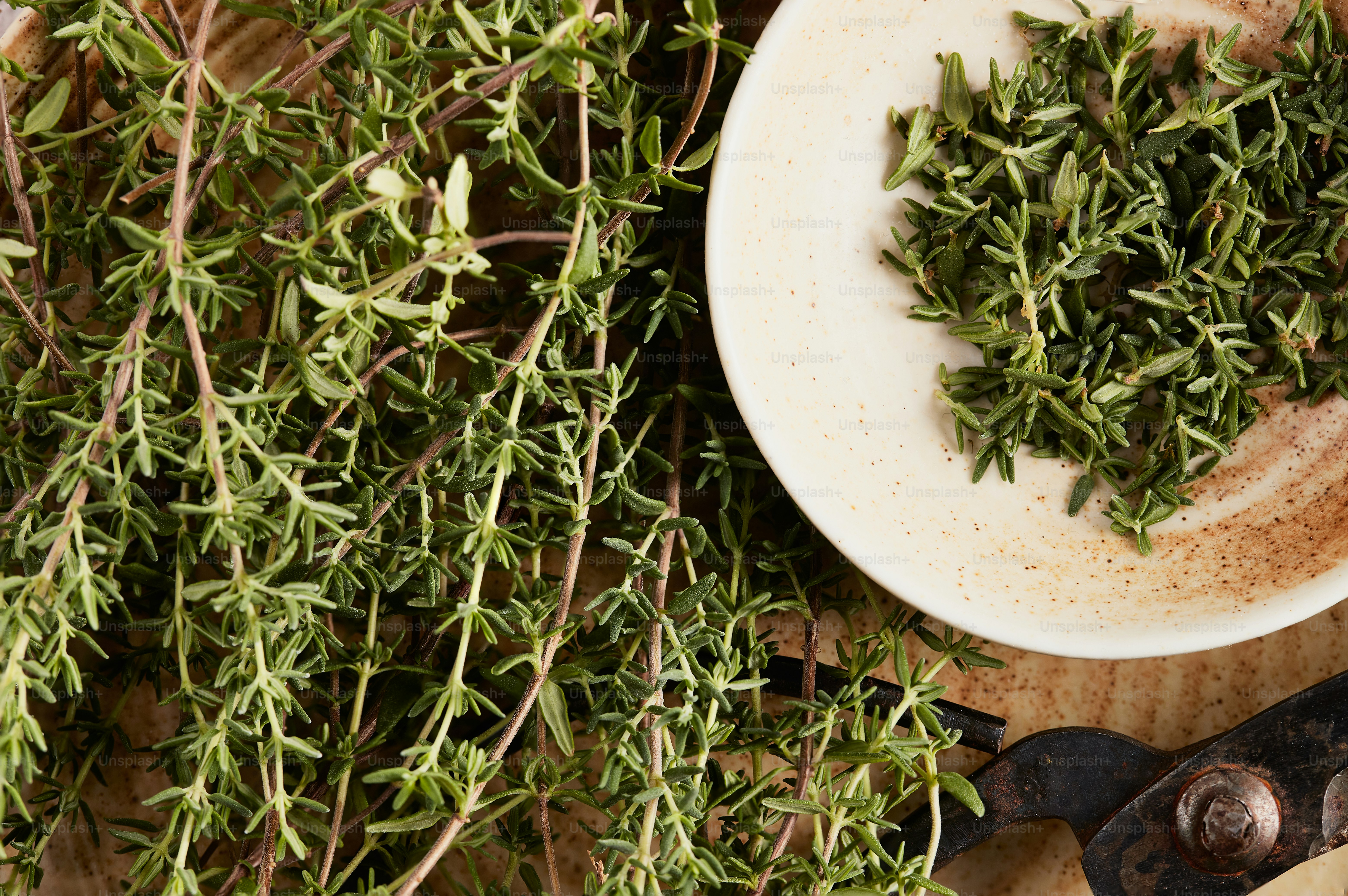 A bowl of herbs next to a pair of scissors