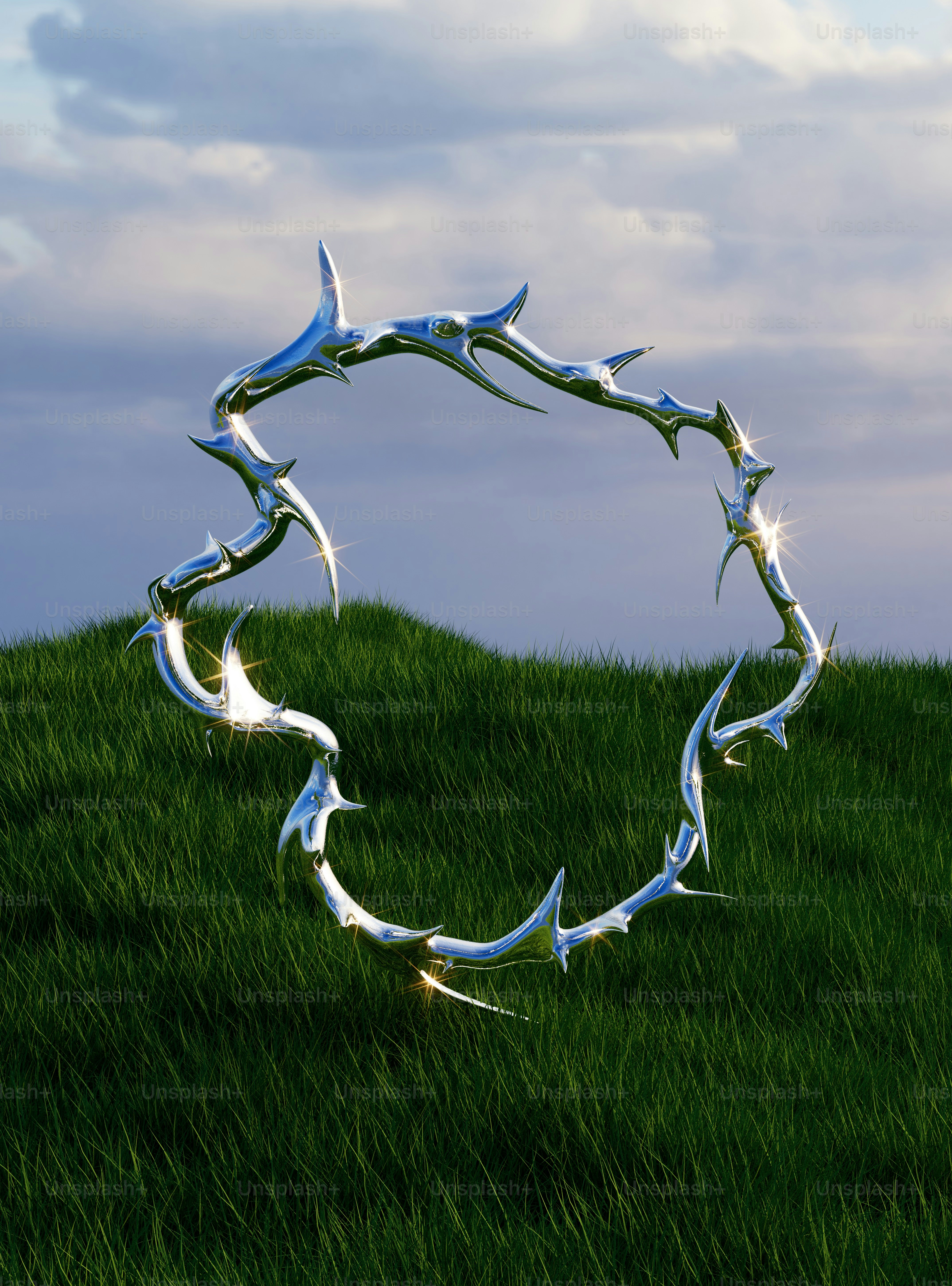 A metal sculpture in the middle of a grassy field
