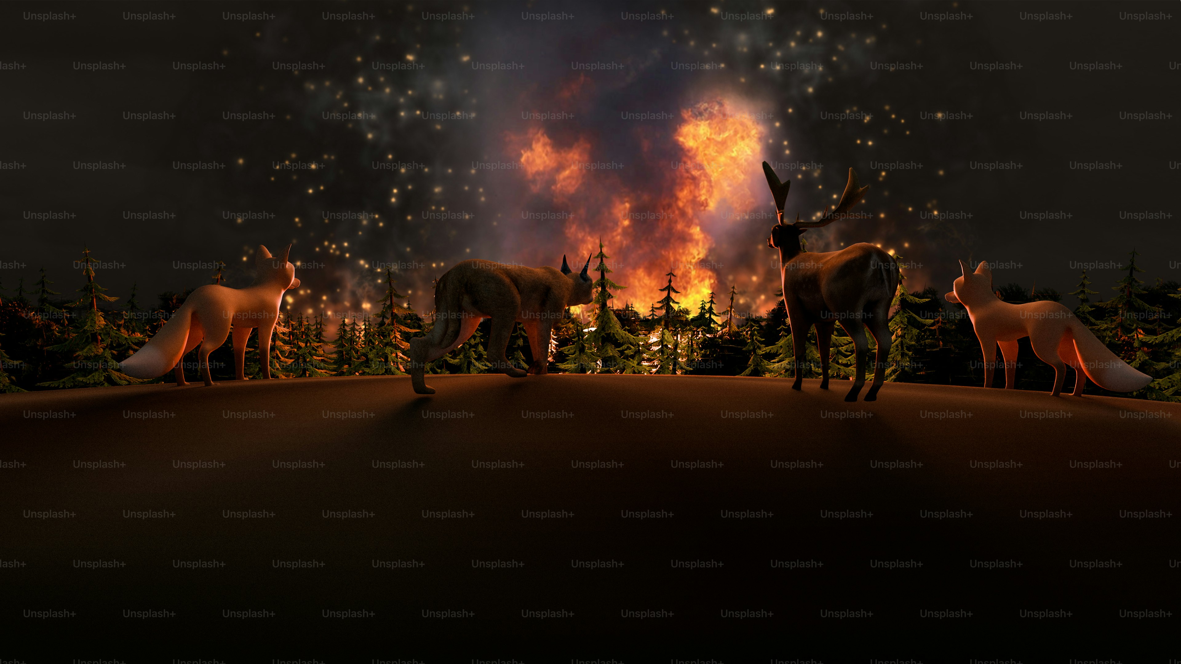 A group of deer standing in front of a fire