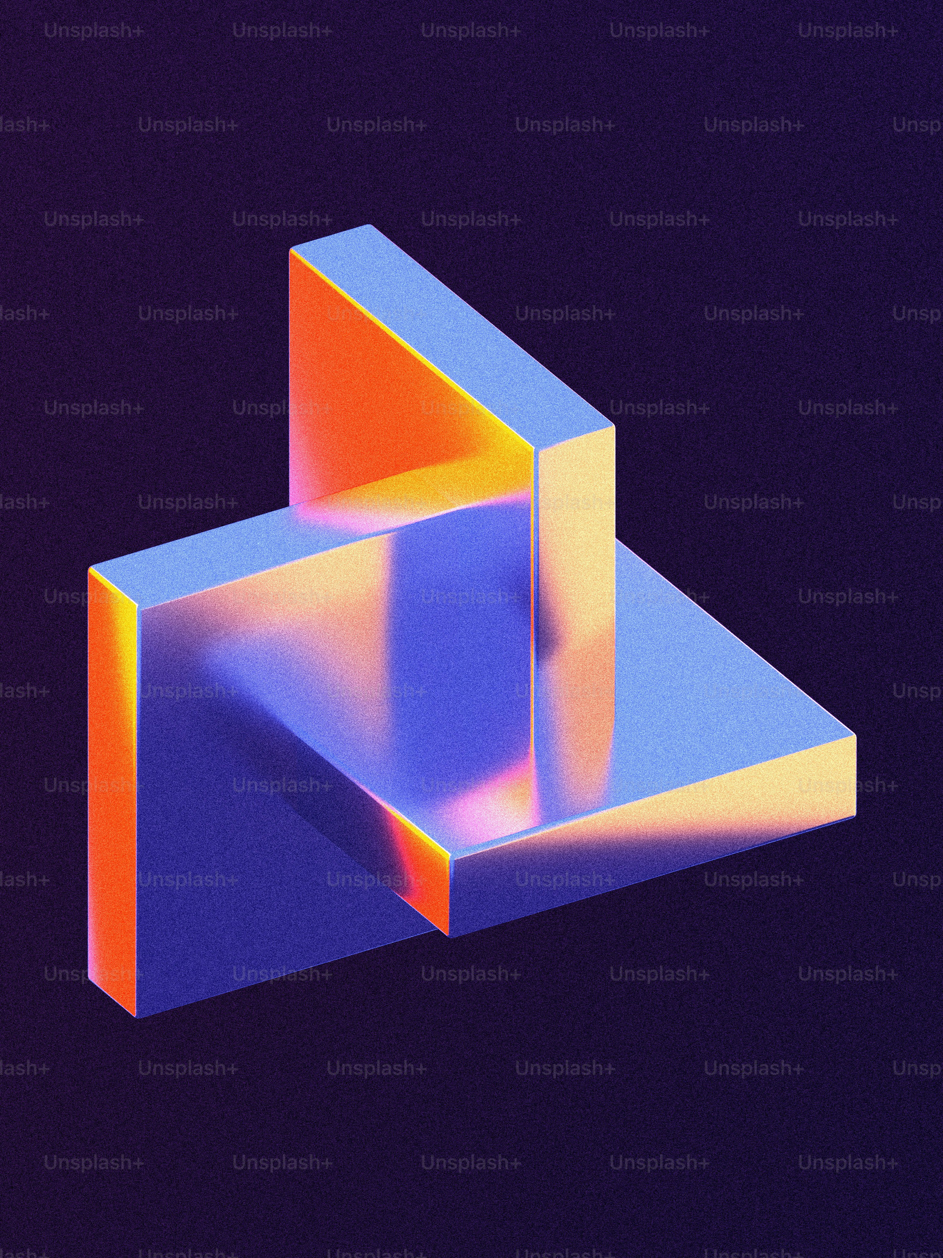 A blue and orange object on a purple background