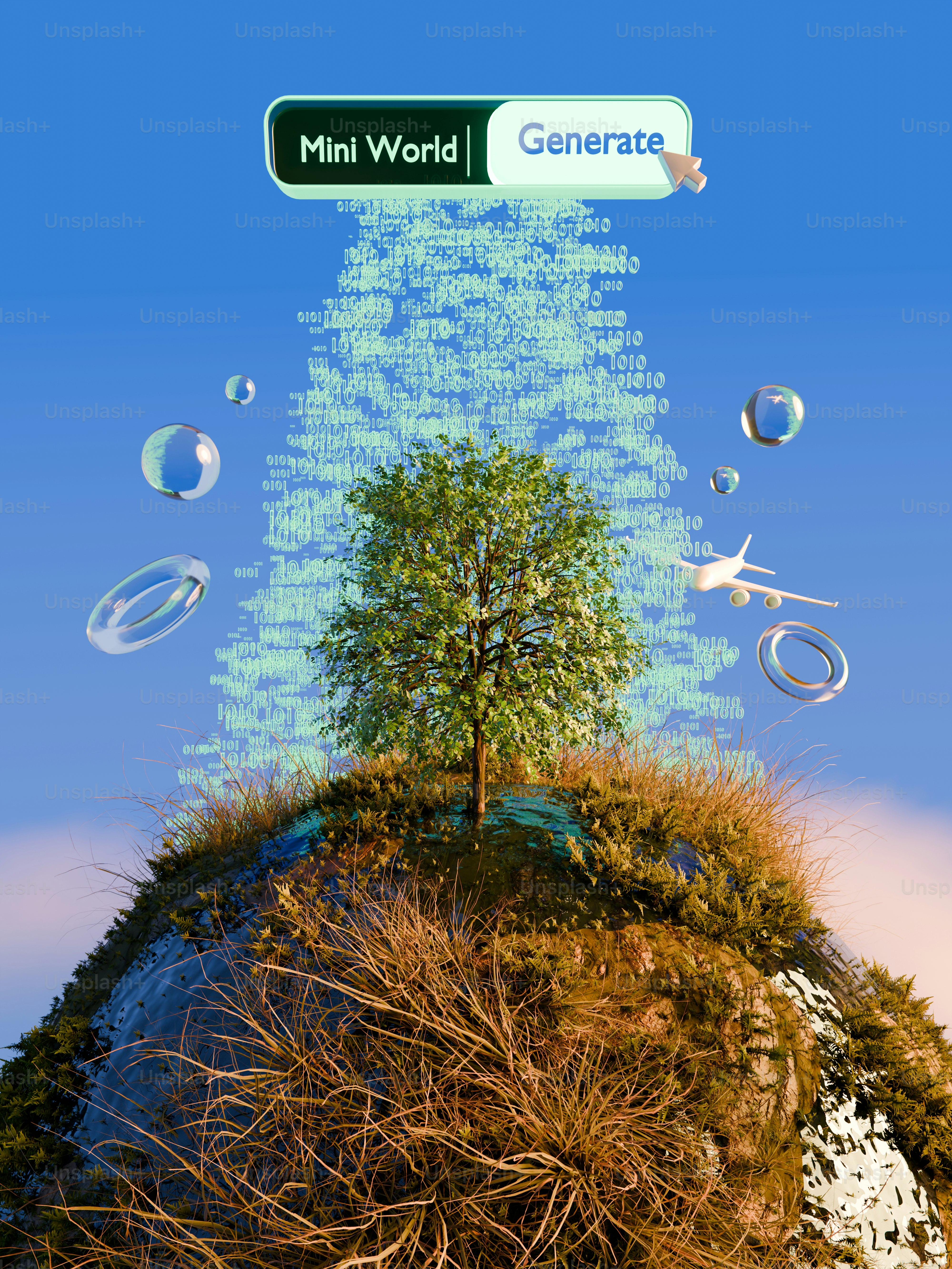 Una imagen generada por computadora de un árbol en la cima de una colina