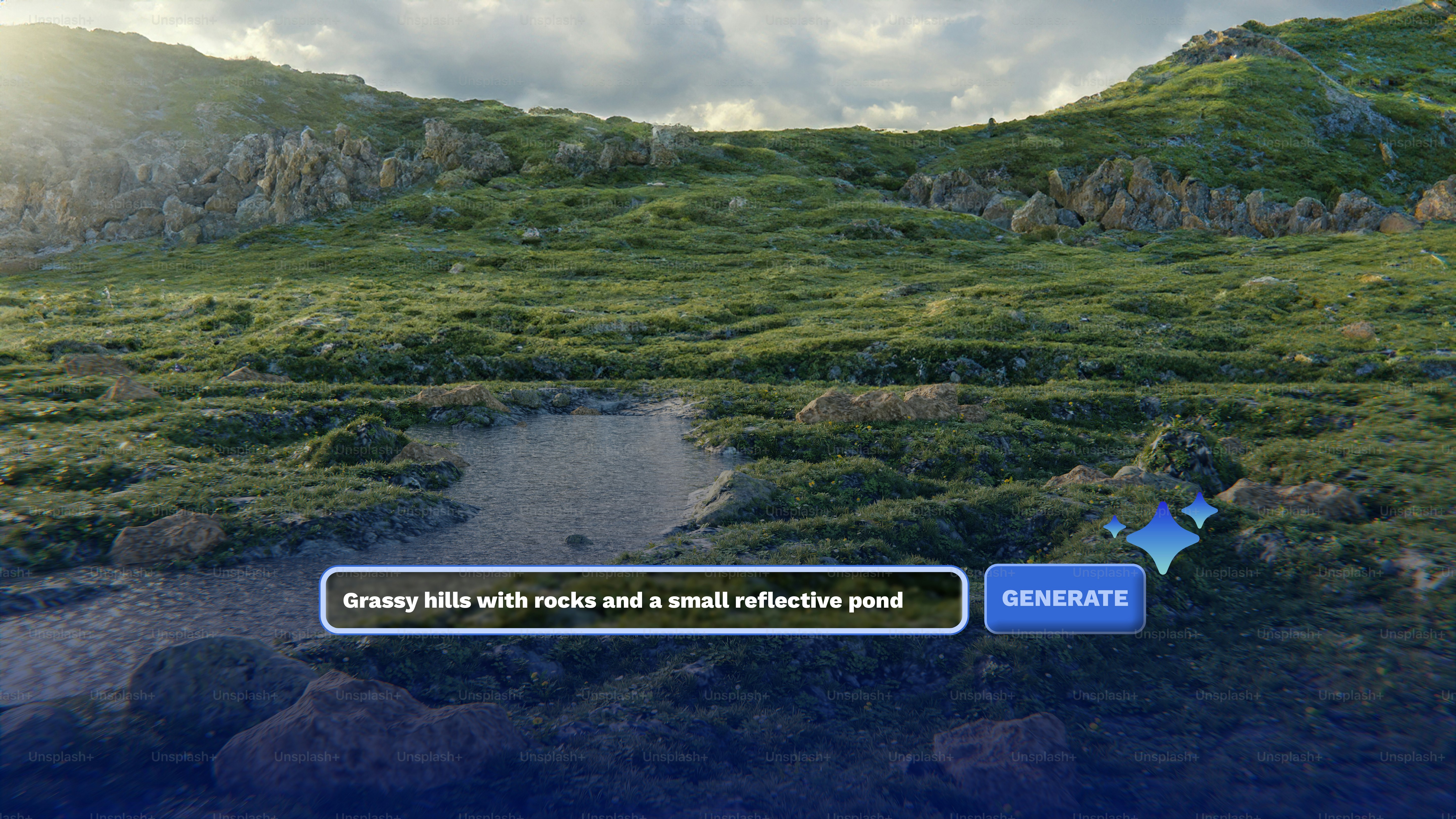 A serene view featuring grassy hills, scattered rocks, and a small reflective pond under a cloudy sky.