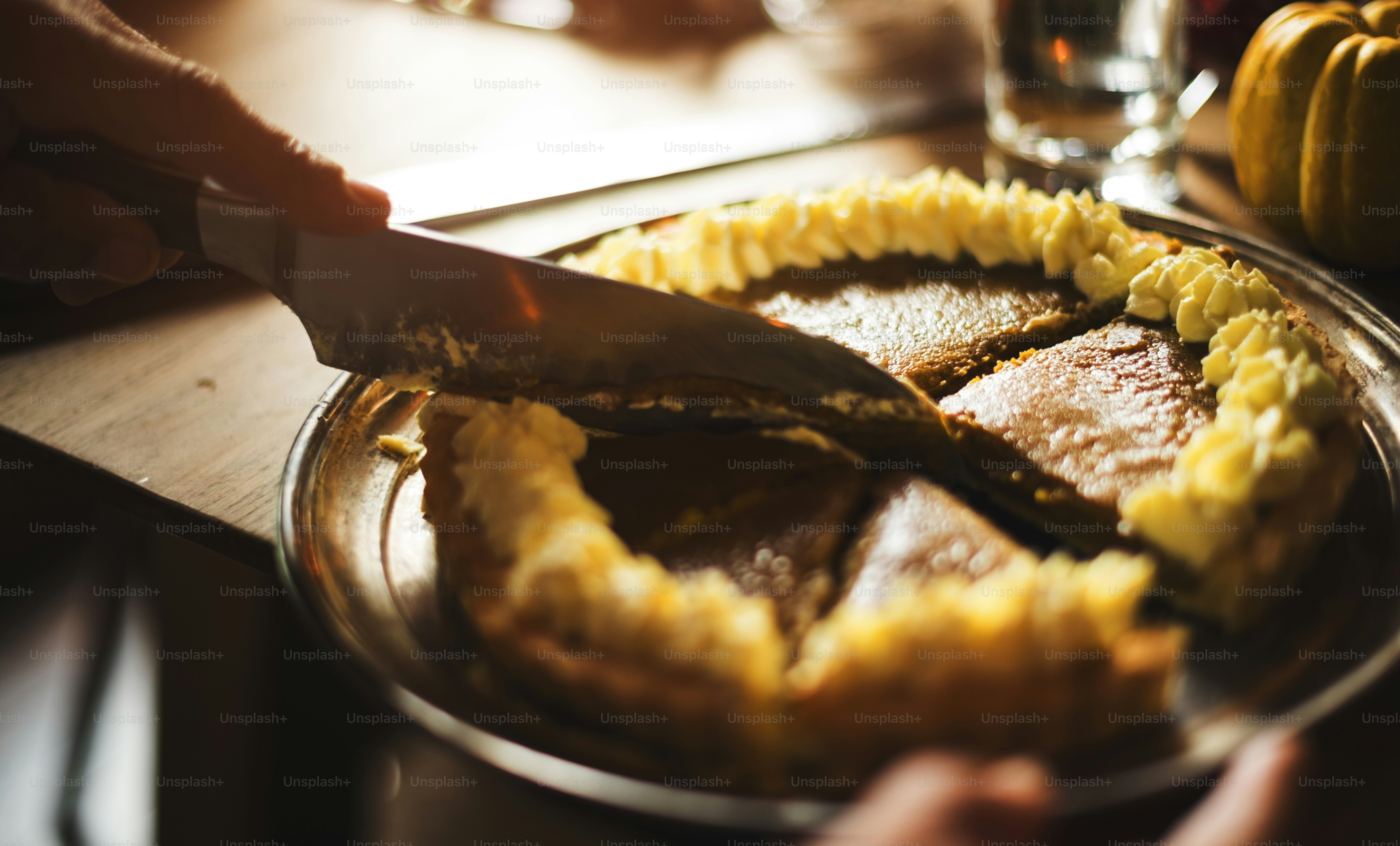 Hand Cutting Pumpkin Pie Dessert Thanksgiving Concept