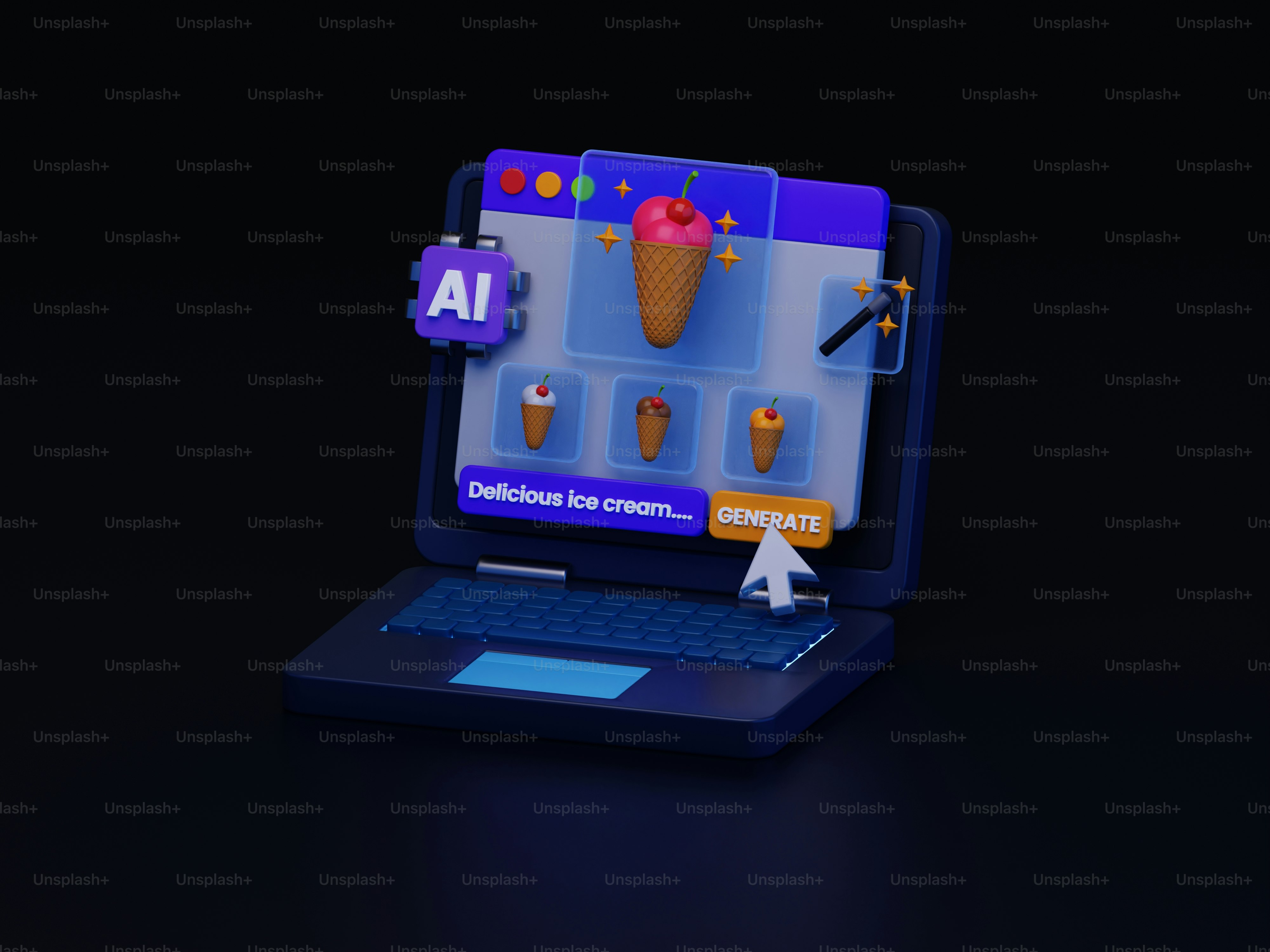 A laptop computer with an animation of an ice cream cone on the screen