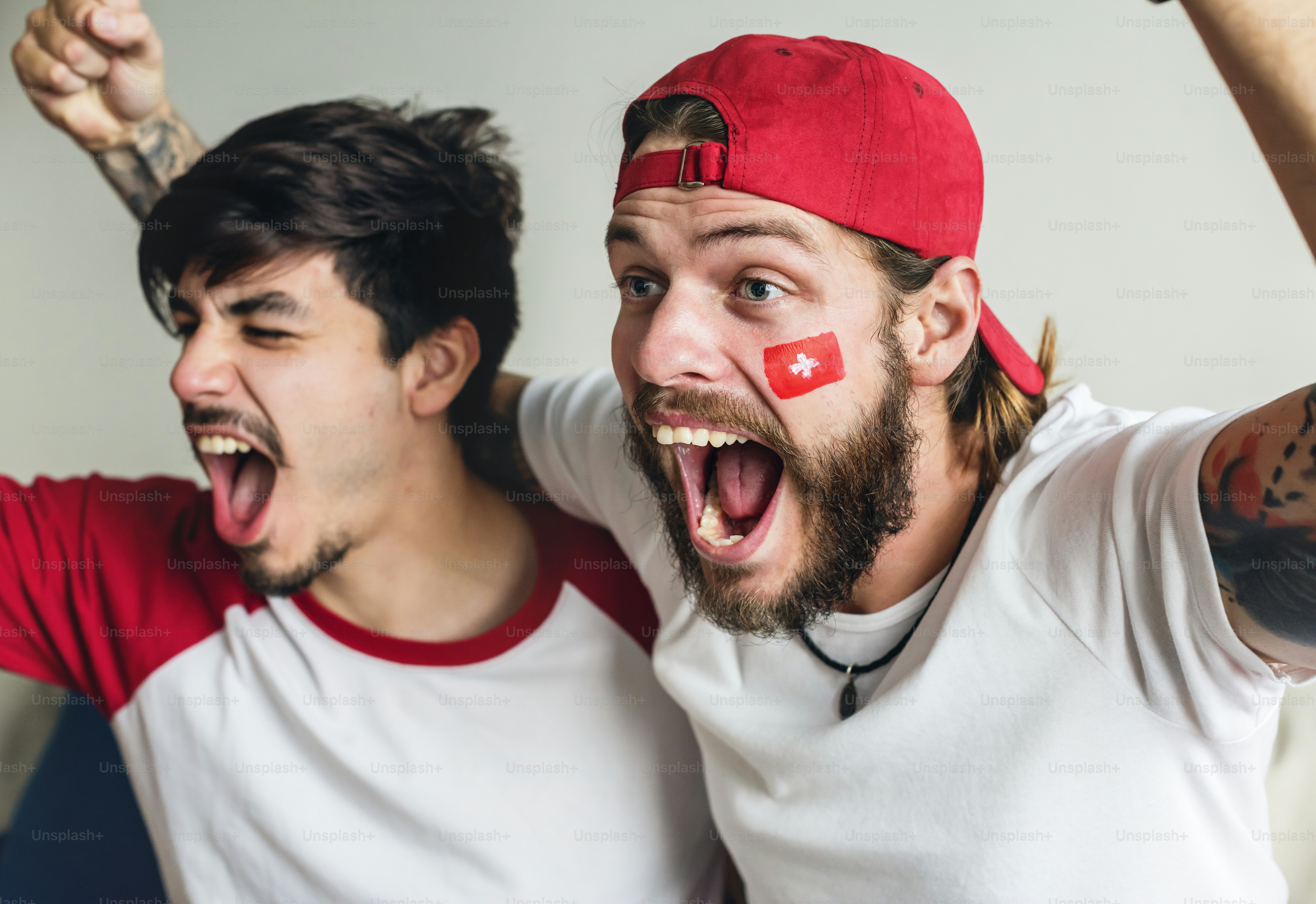 Des amis acclamant la coupe du monde avec un drapeau peint