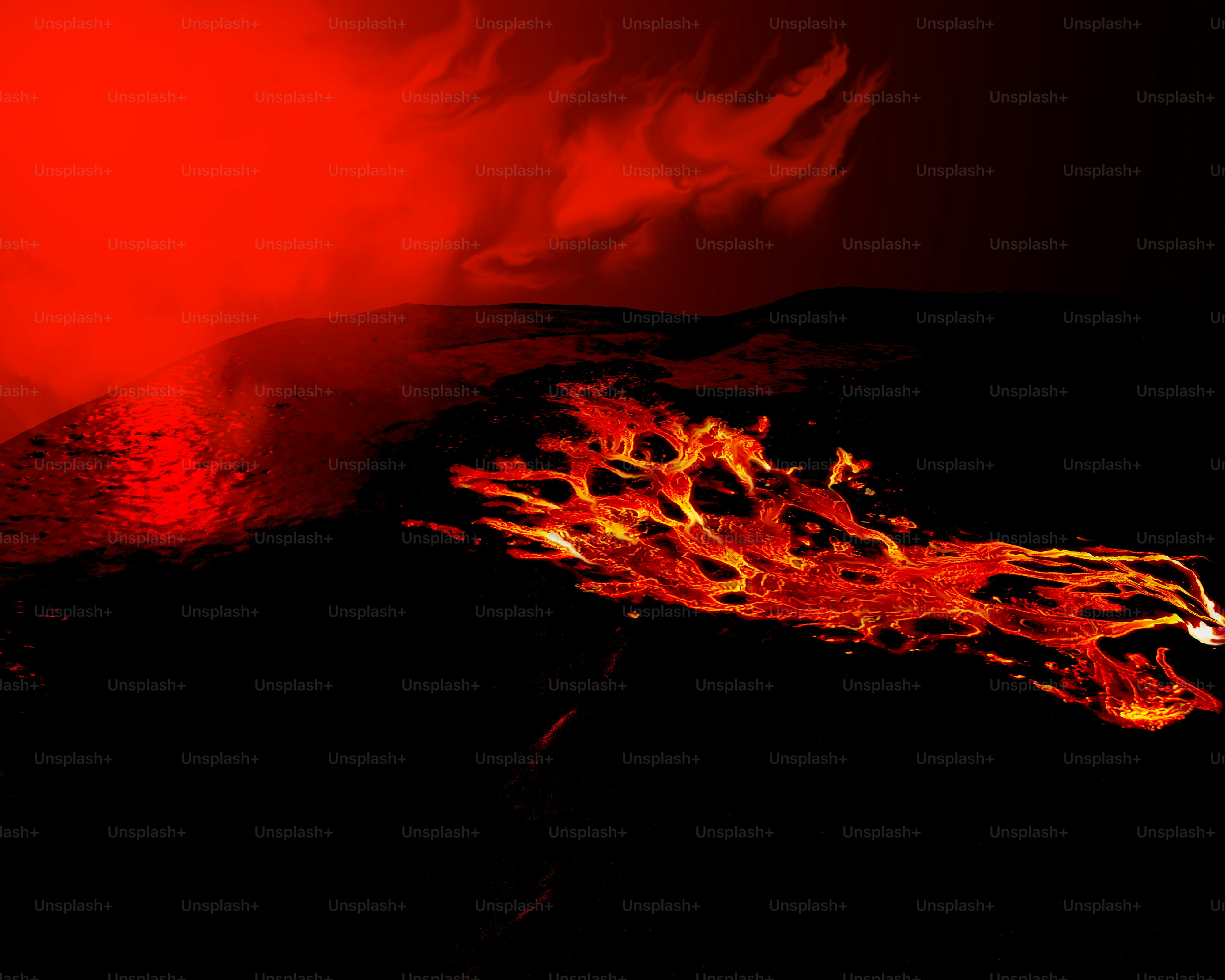 A volcano erupts lava as it erupts into the air