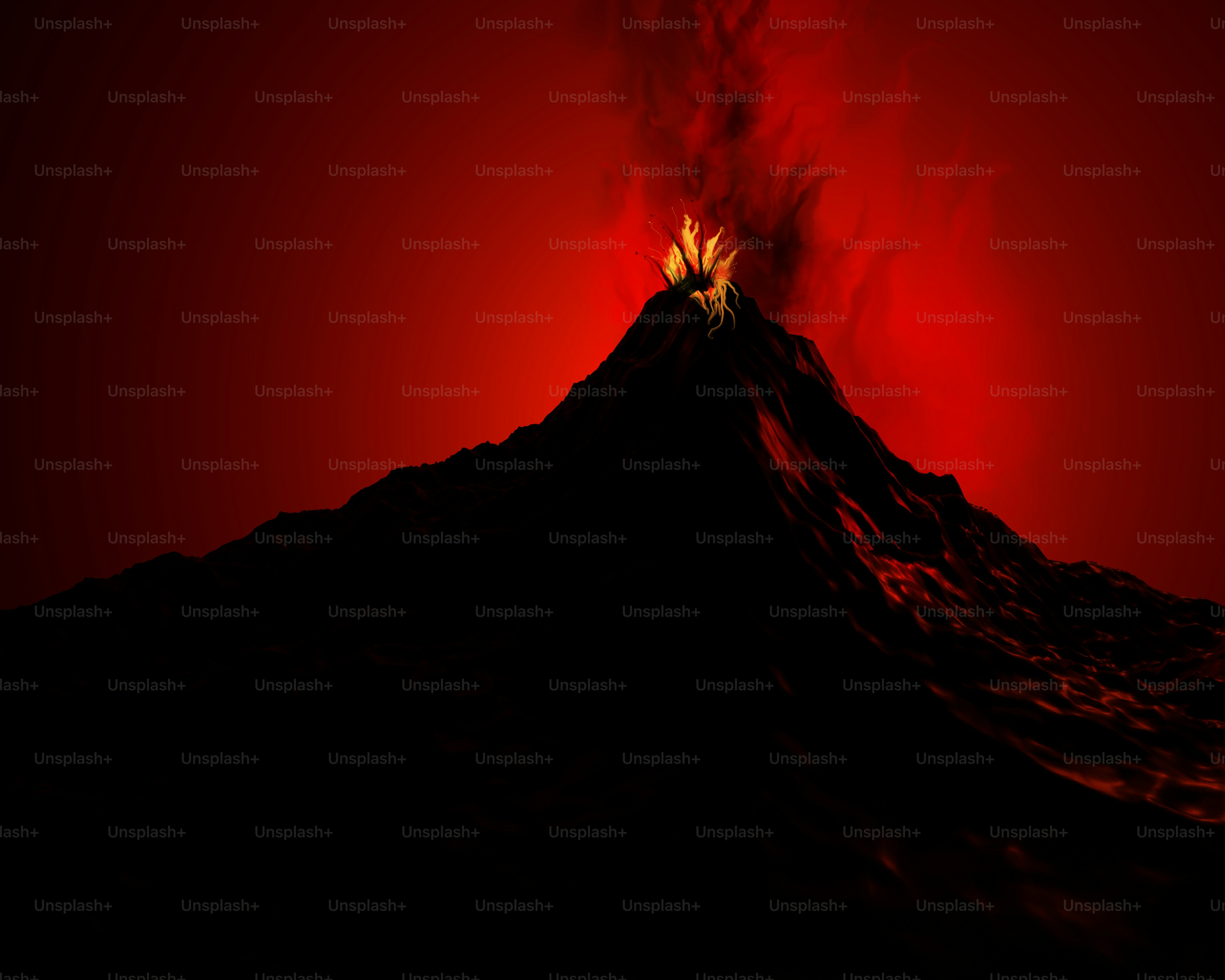 A red and black photo of a volcano