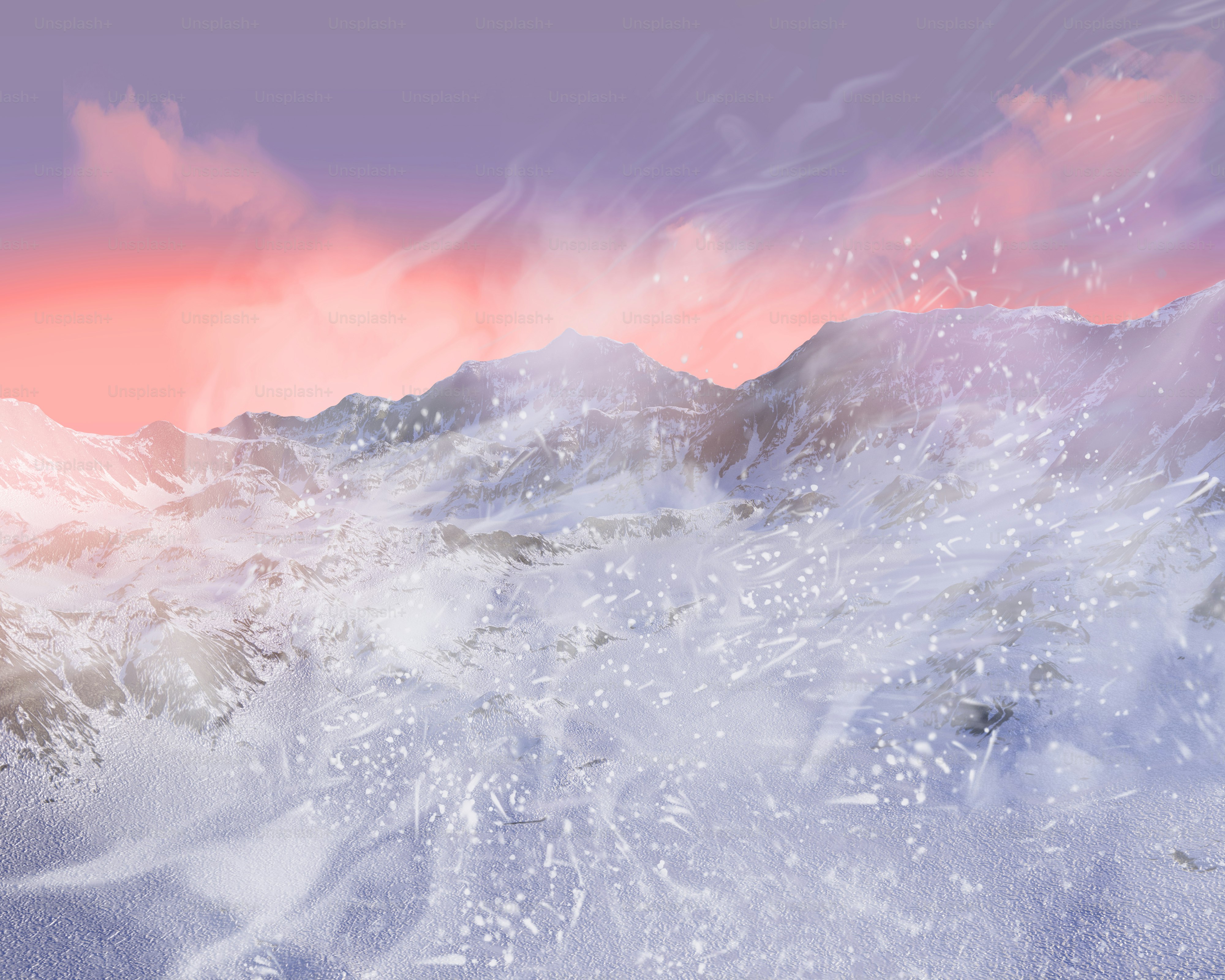 A painting of a mountain with a pink sky in the background