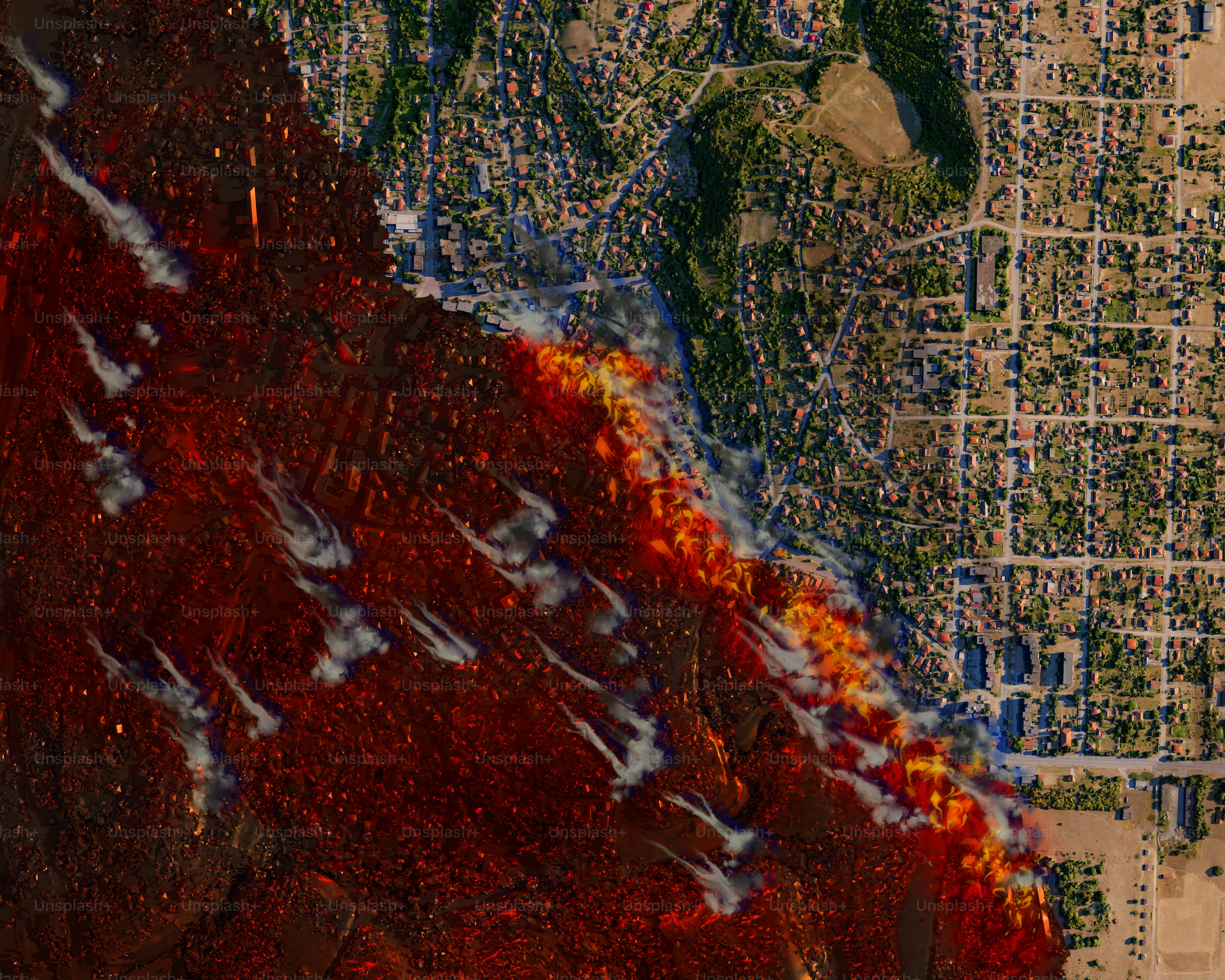 An aerial view of a city with a plane flying over it