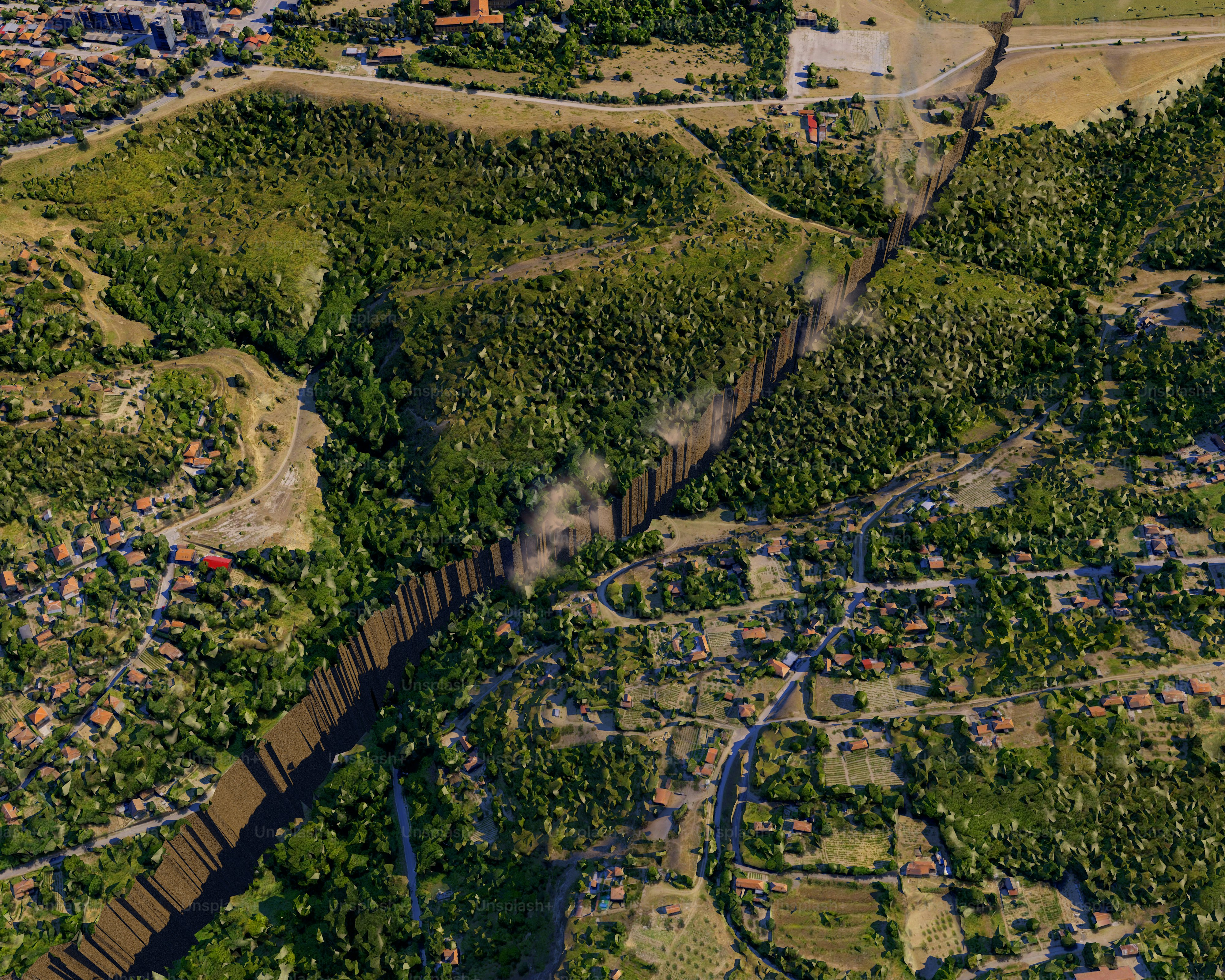 An aerial view of a city and a river