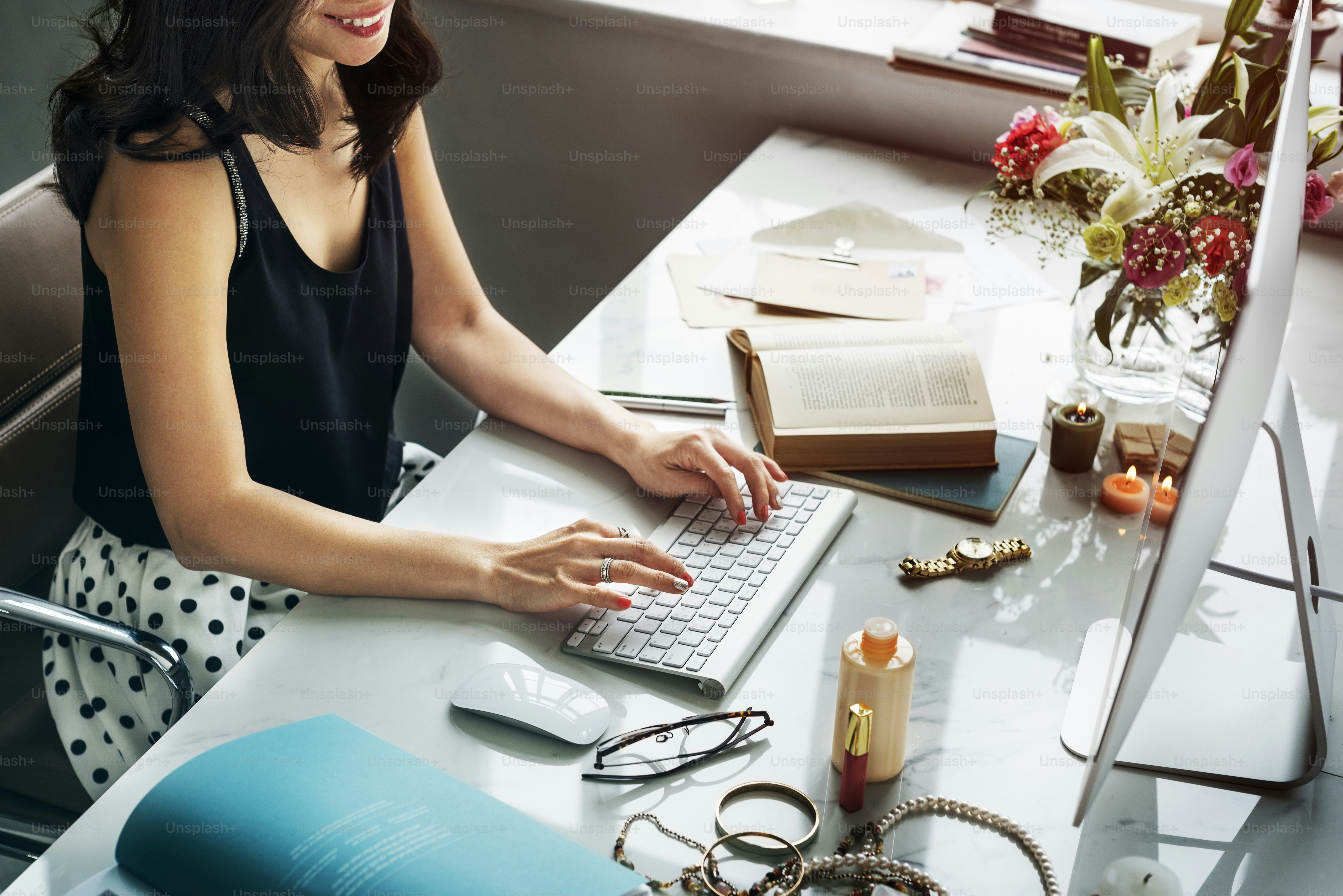Woman Working Computer Smiling Flower Concept photo – Flowers Image on ...