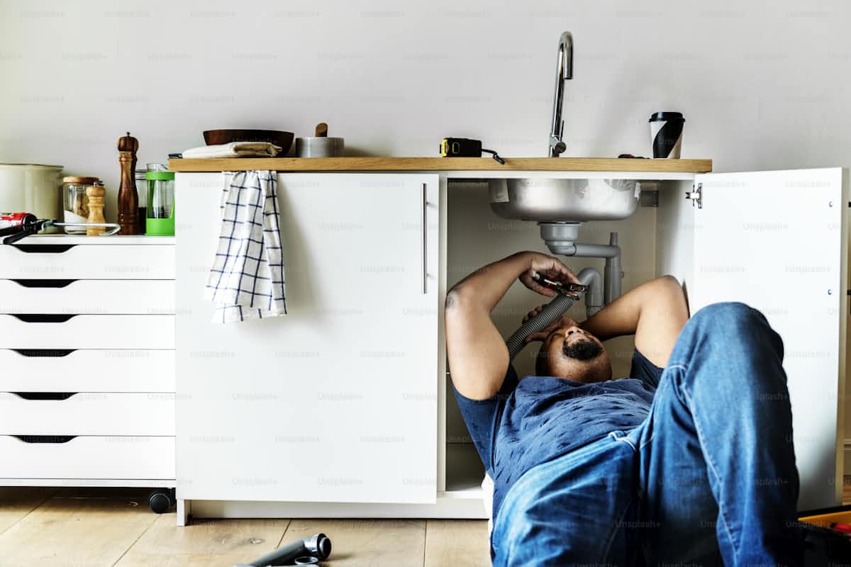 Homeowner checking for leaks under a kitchen sink.