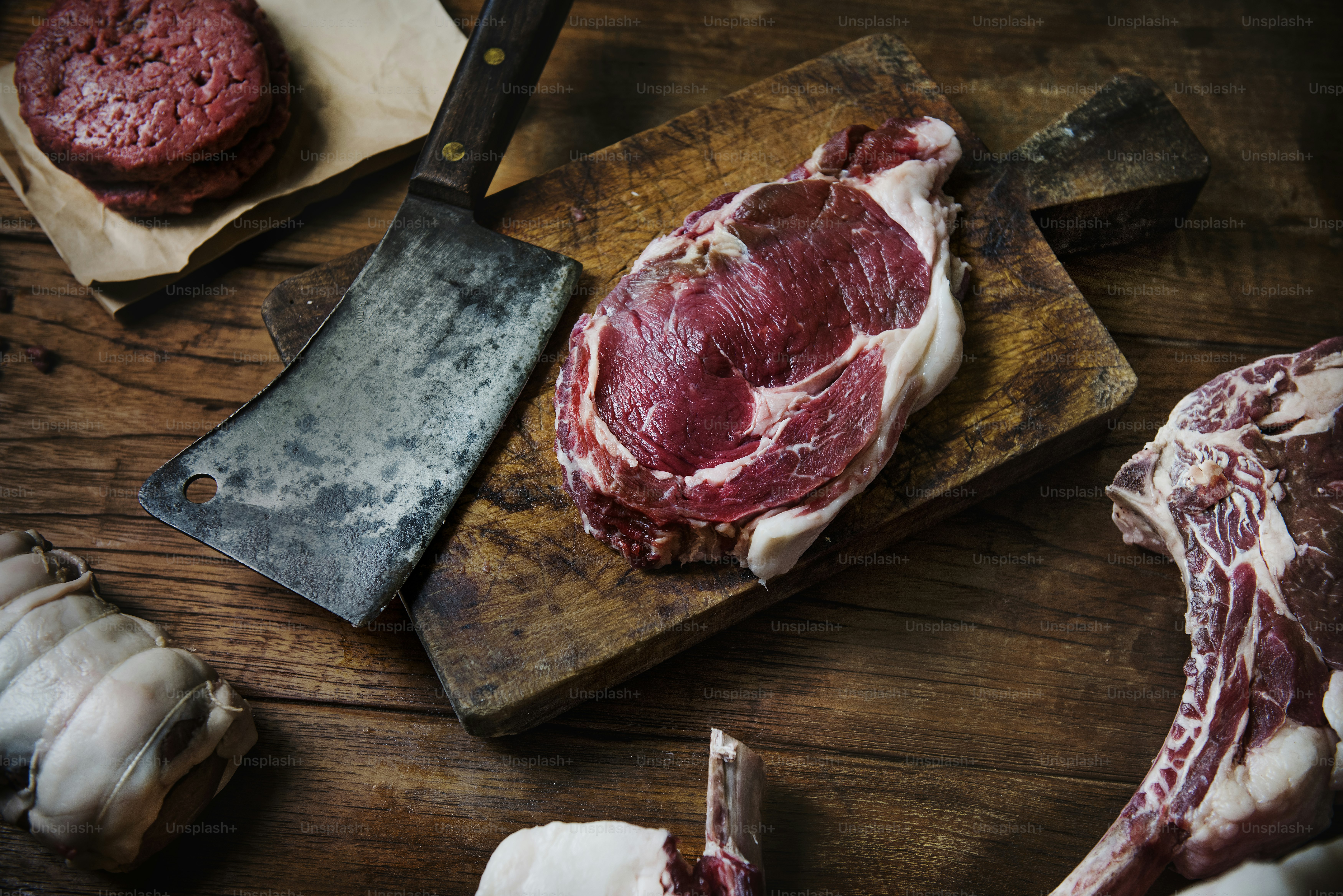 Tomahawk beef steak at a butcher shop