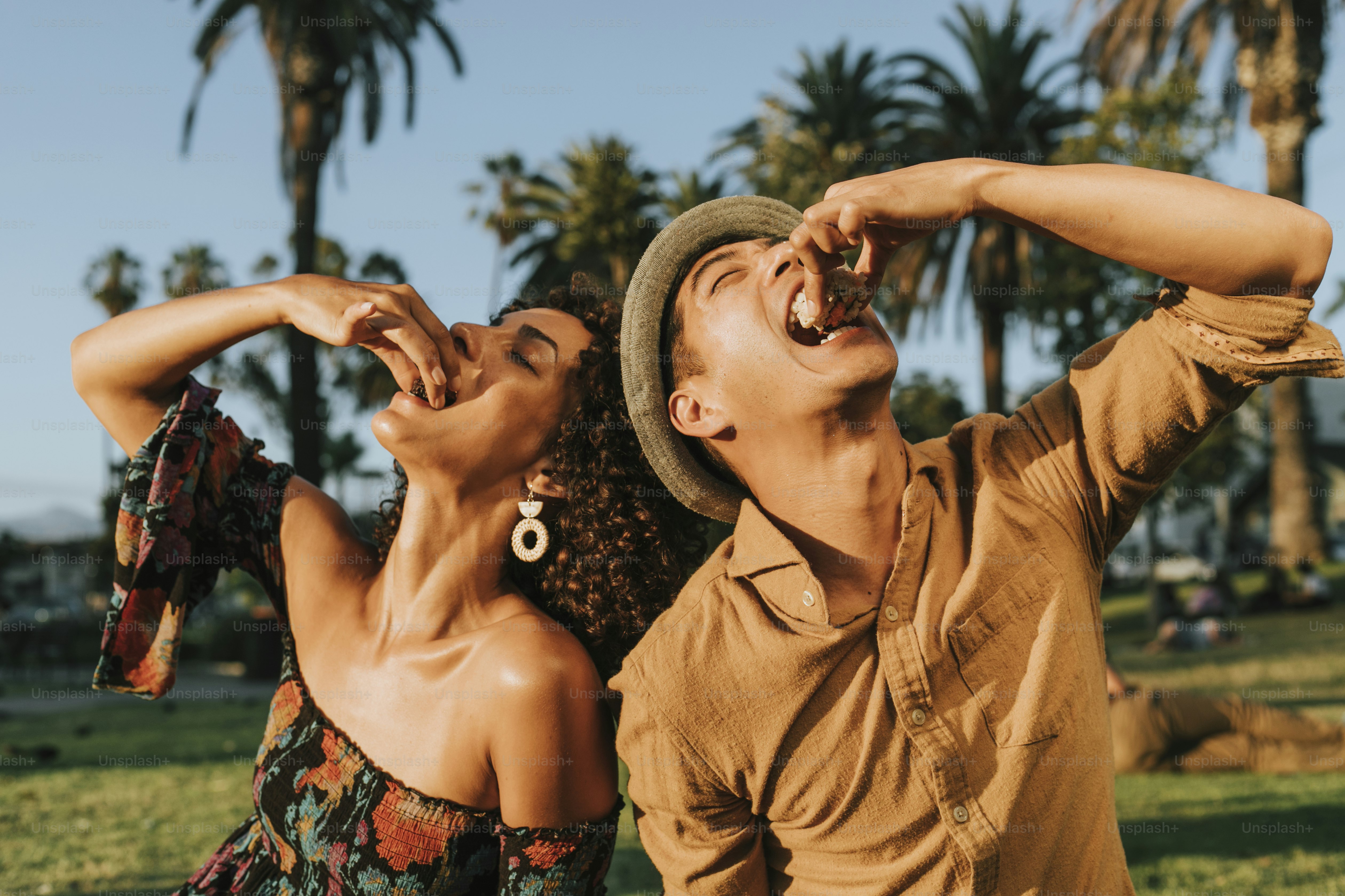 Friends having sushi at the park