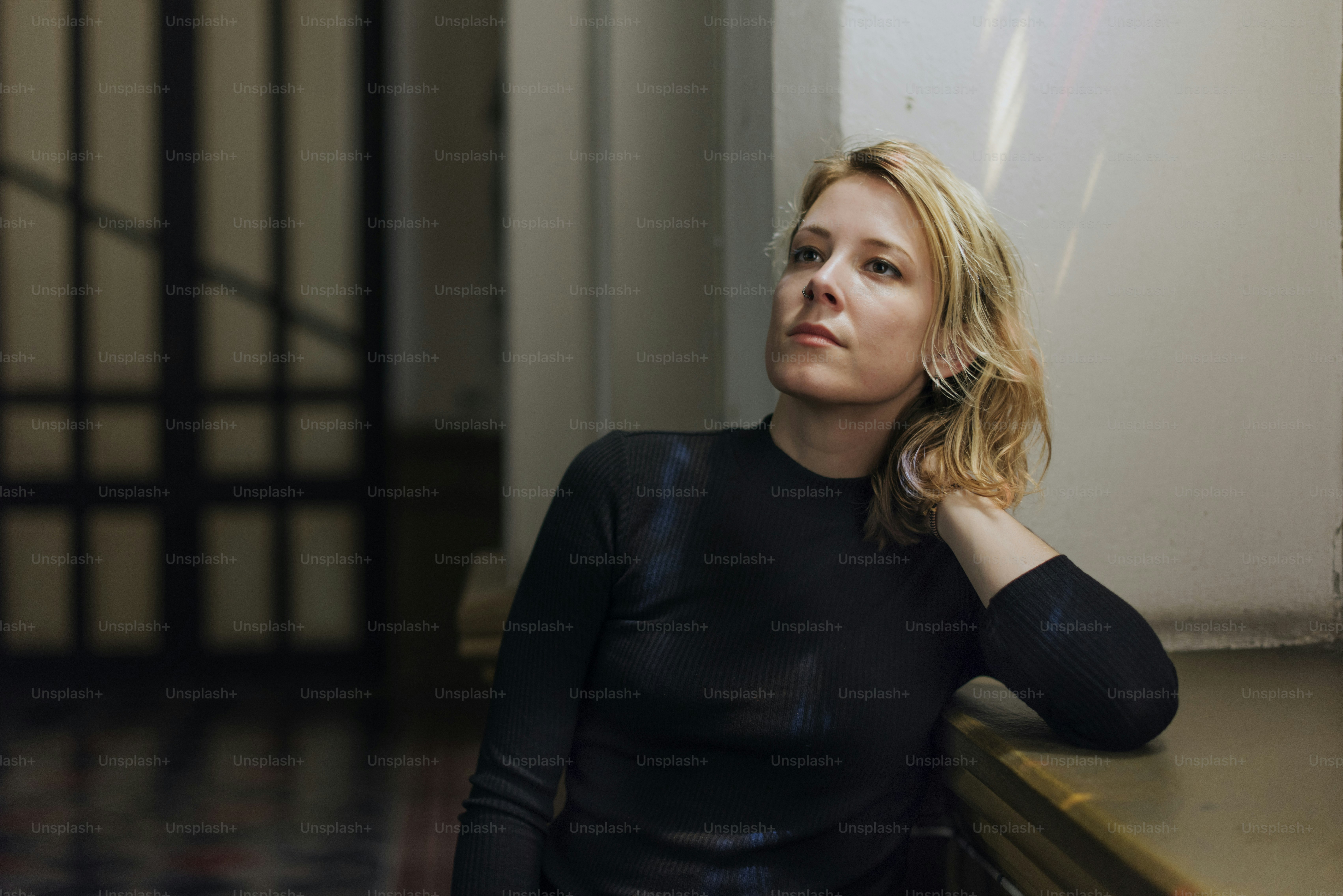 Caucasian woman sitting in a church