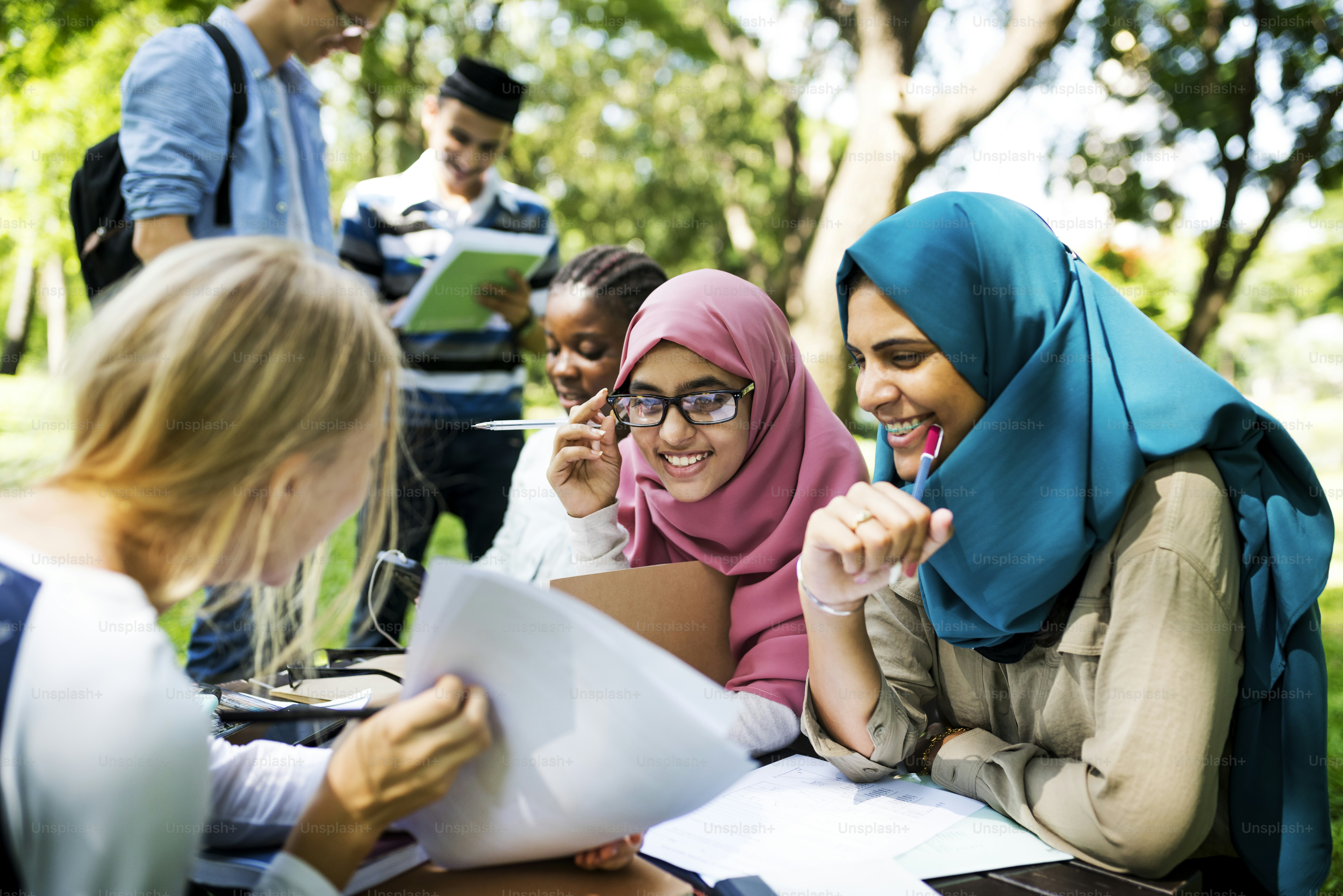 Diverse children studying outdoor