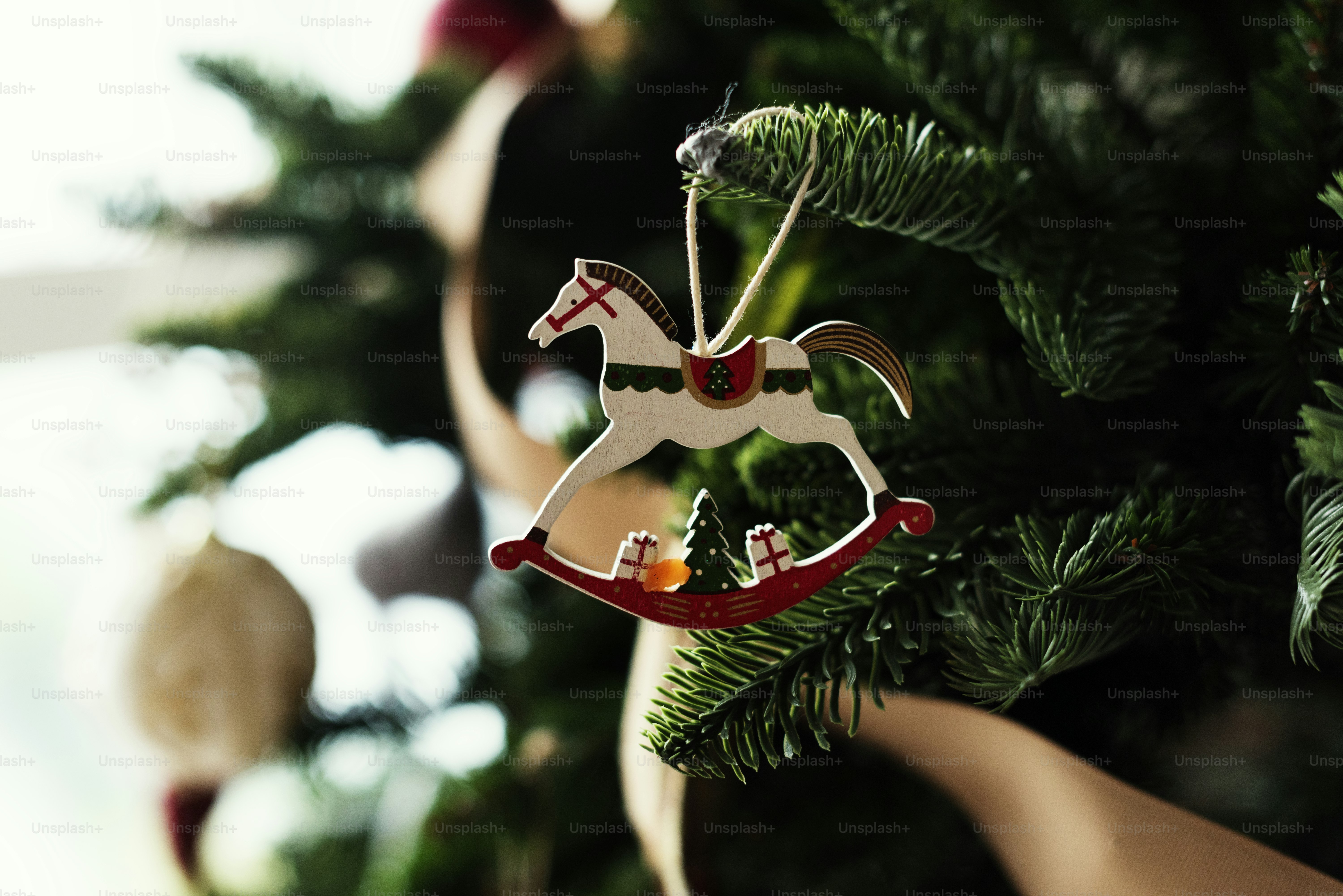 Closeup of Christmas tree ornaments