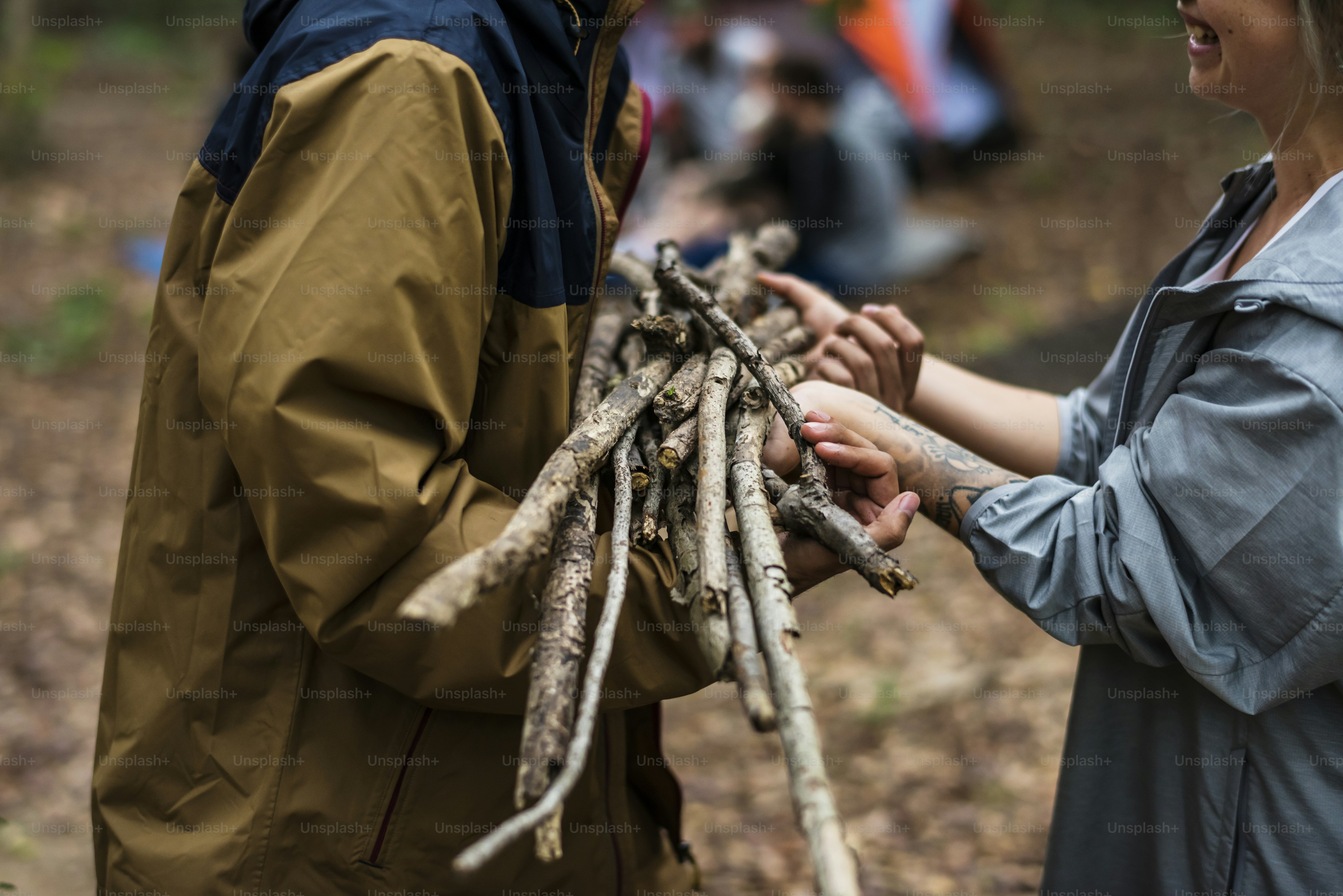 Friends camping in the forest together